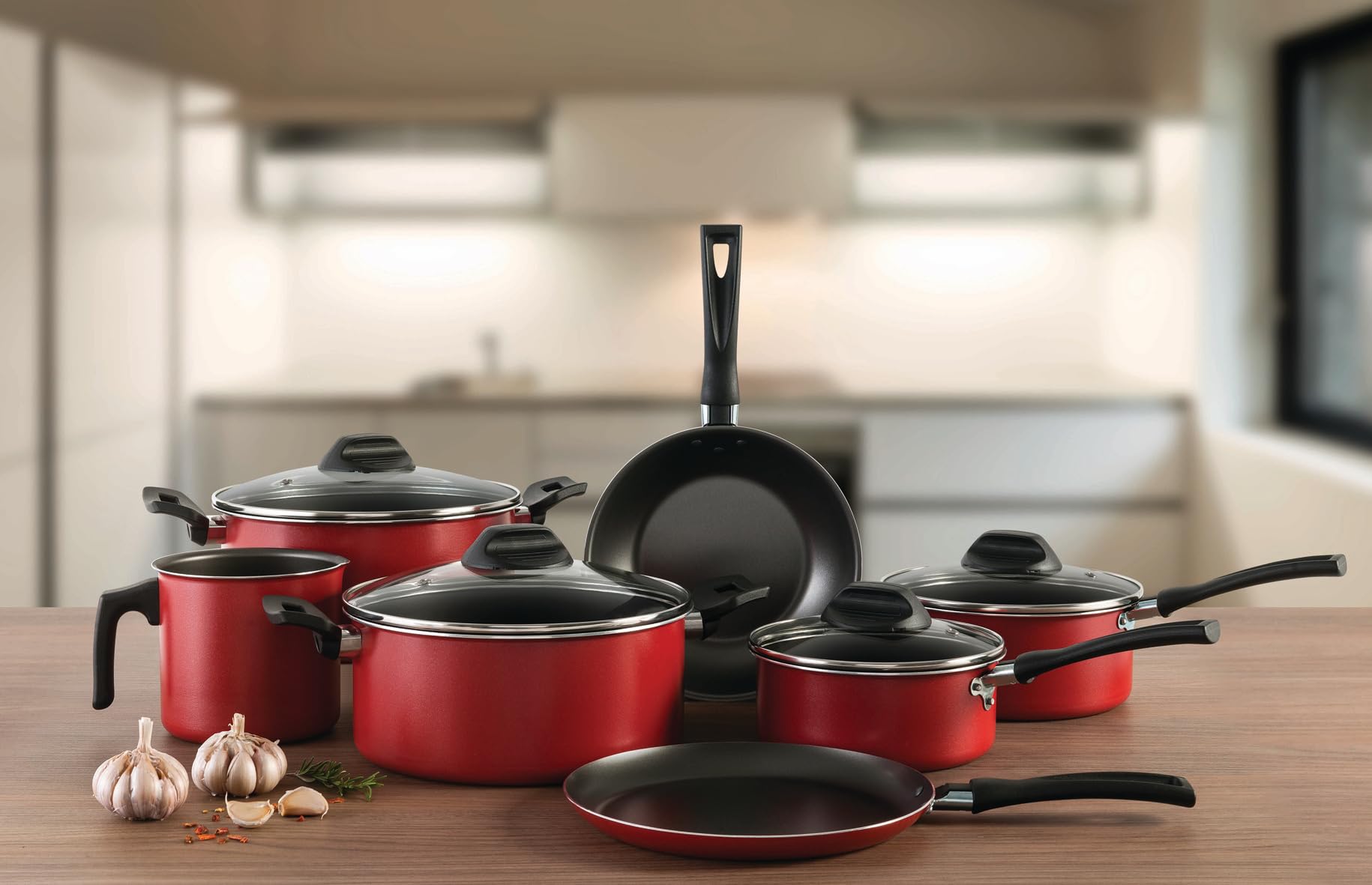 Brinox 7-Piece Nonstick Cookware Set with Glass Lids - Red Garlic Design, Perfect for Sautéing, Frying & Everyday Cooking