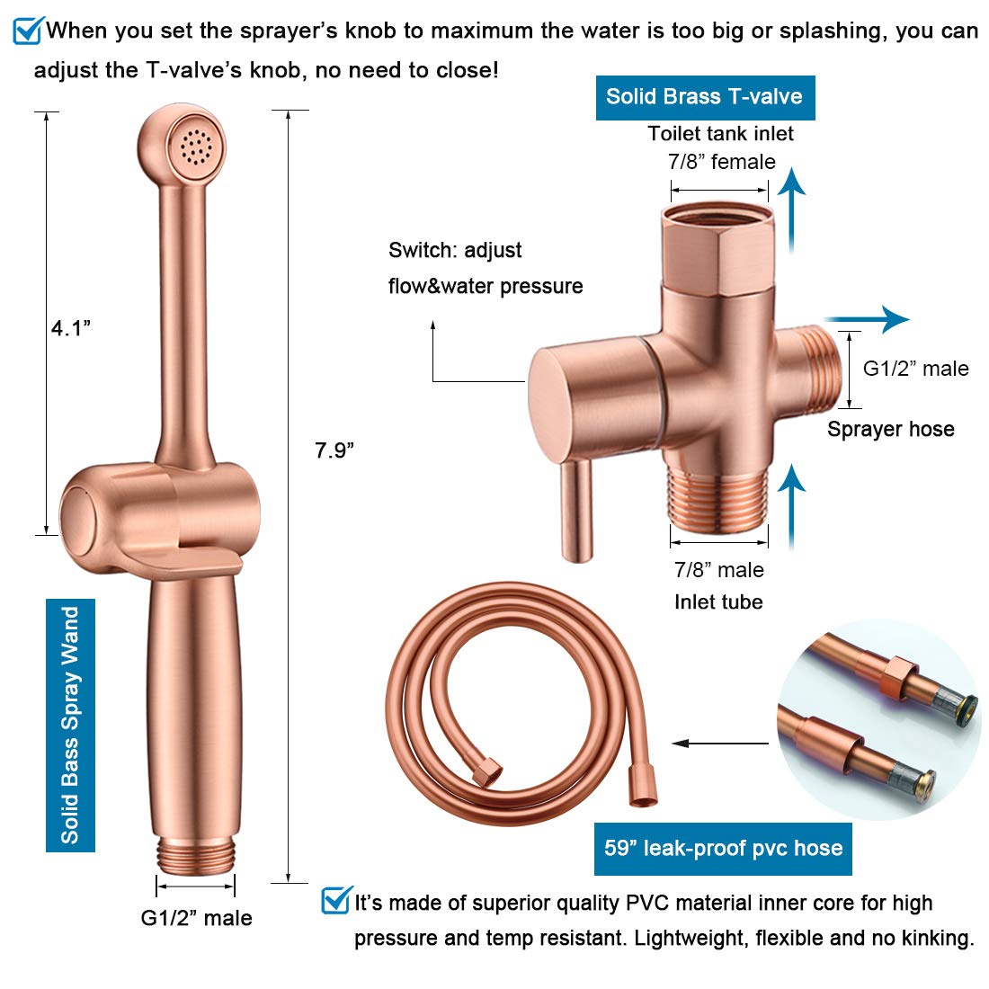 Handheld Bidet Sprayer for Toilet - Adjustable Rose Gold Brass Bidet Attachment with Jet Spray - Perfect for Personal Hygiene, Cloth Diaper Cleaning & Bathroom Use