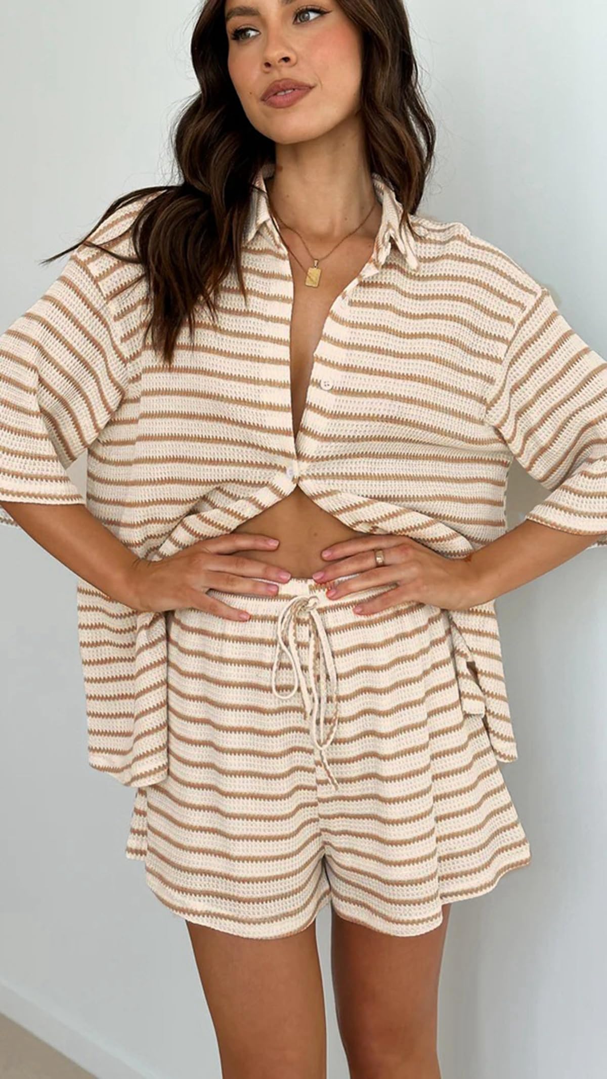 VOIKERDR Women's Lounge Sets - 3/4 Sleeve Crochet Cardigan & Shorts Two Piece Outfit | Summer/Fall 2024 Fashion | Casual Home Wear, Beach Cover Up, Vacation Outfit