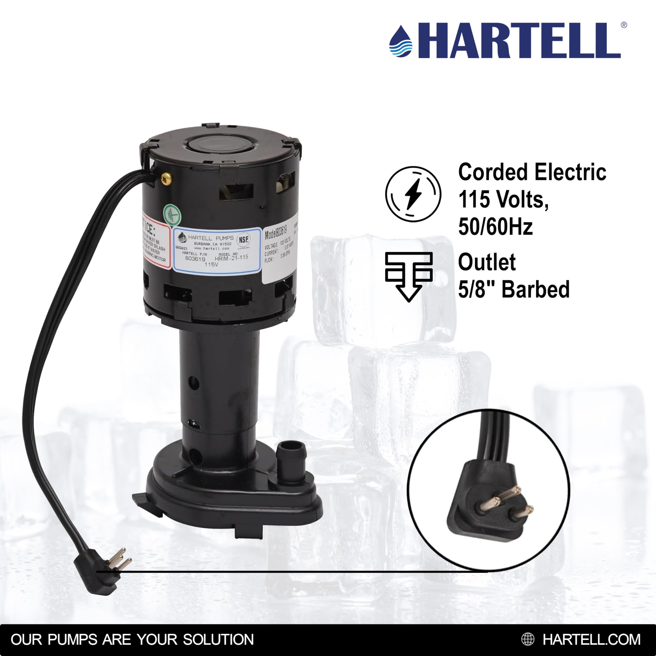 HARTELL HRIM-21-115 Replacement Ice Machine Pump - Compatible with GPP-1MH-1P & 9161076-01 - Perfect for Commercial Ice Makers & Refrigeration Systems