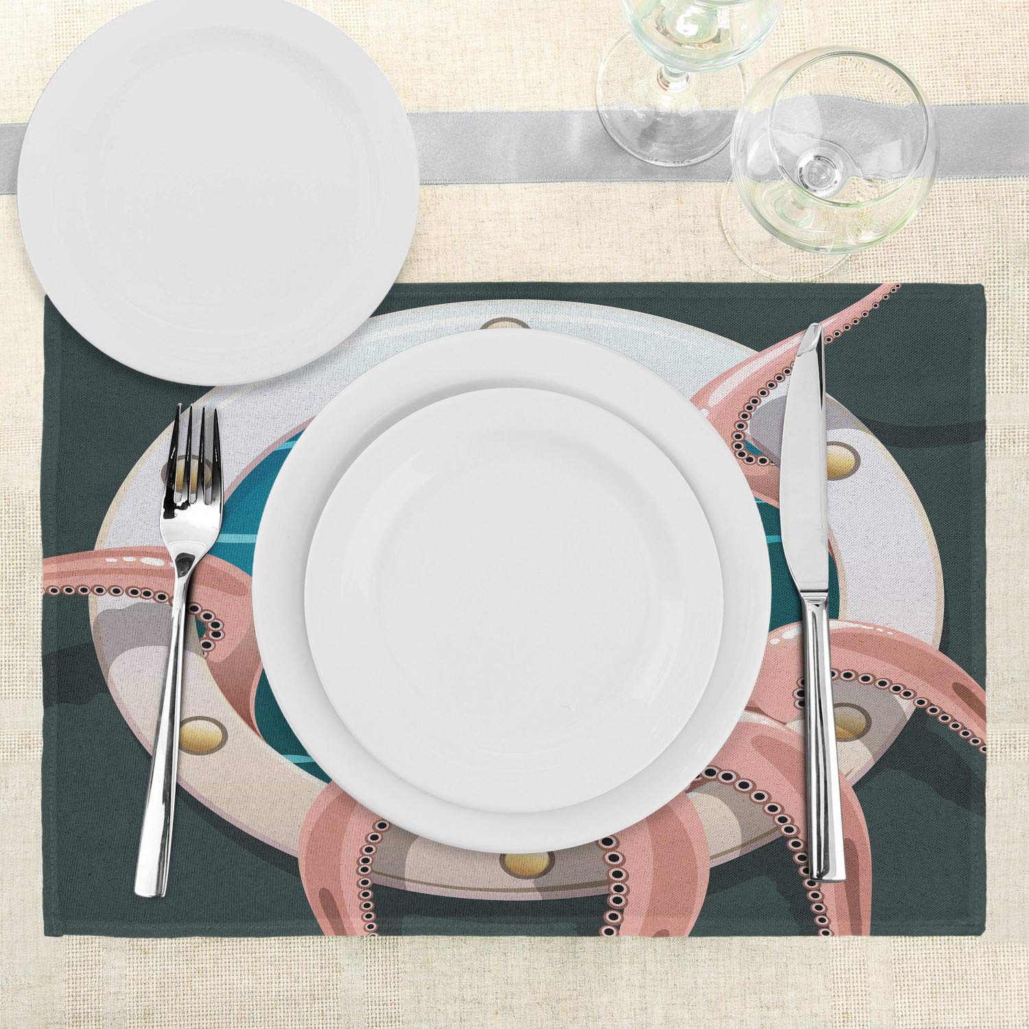 Lunarable Octopus Place Mats Set of 4 - Kraken Tentacles in Ship Porthole Retro Art, Washable Fabric Table Mats for Dining Room & Kitchen Decor (Grey, Pink, Blue) - Perfect for Seafood Dinners & Nautical Theme Parties