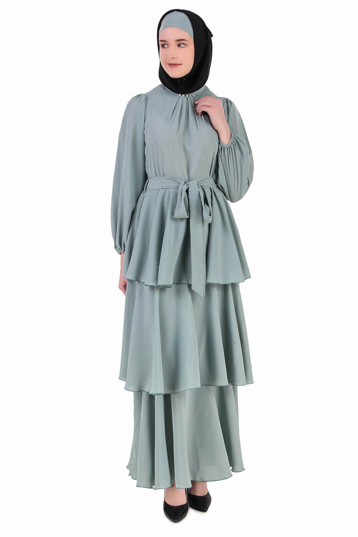 Elegant Sea Green Layered Abaya Dress - Modest Islamic Fashion for Women - Perfect for Prayer, Eid, and Special Occasions