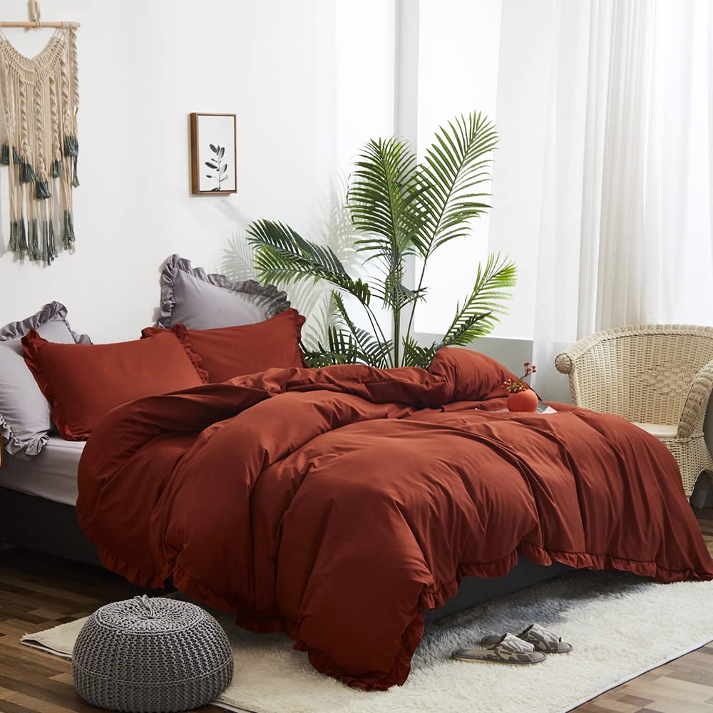 CLOTHKNOW King Size Burnt Orange Boho Comforter Set - 3 Piece Ruffle Terracotta Bedding with Soft Caramel Accents | Rustic Farmhouse Style for Cozy Bedroom Decor