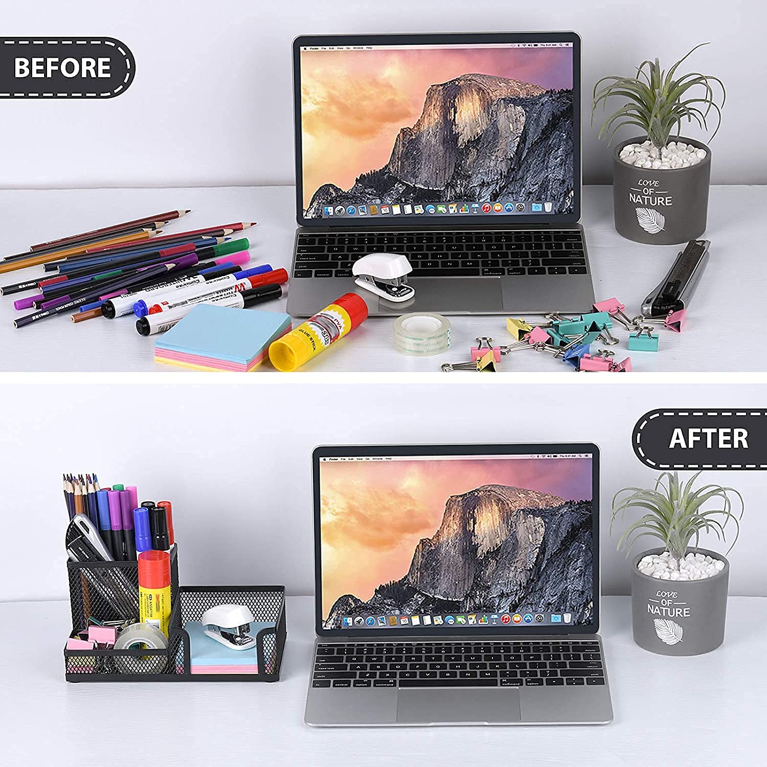 Black 3-Compartment Desk Organizer with Sticky Notes Holder - Pencil Cup & Office Supplies Caddy for School, Home & Office Workspace Organization