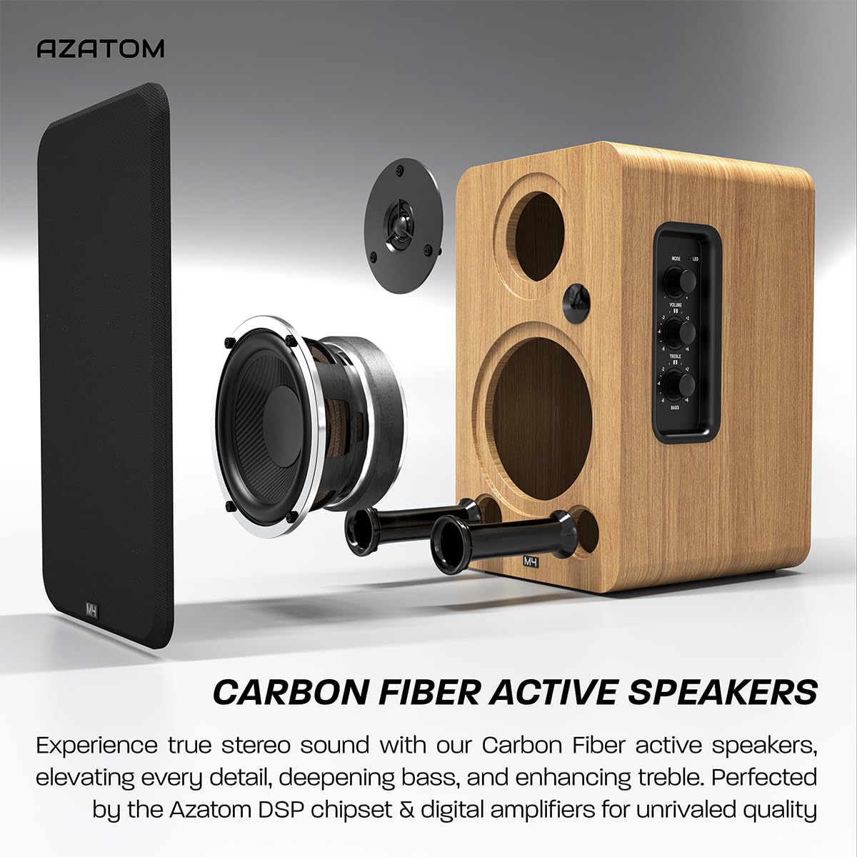 AZATOM Equinox 2 M4 Powered Bookshelf HiFi Speakers - 2.0 Active Bluetooth/Wired Wooden Enclosure (80W, Oak) - Perfect for Music, Home Theater, Gaming, Vinyl Records, PC & Laptop Audio - Ideal for Living Rooms, Home Offices & Entertainment Spaces