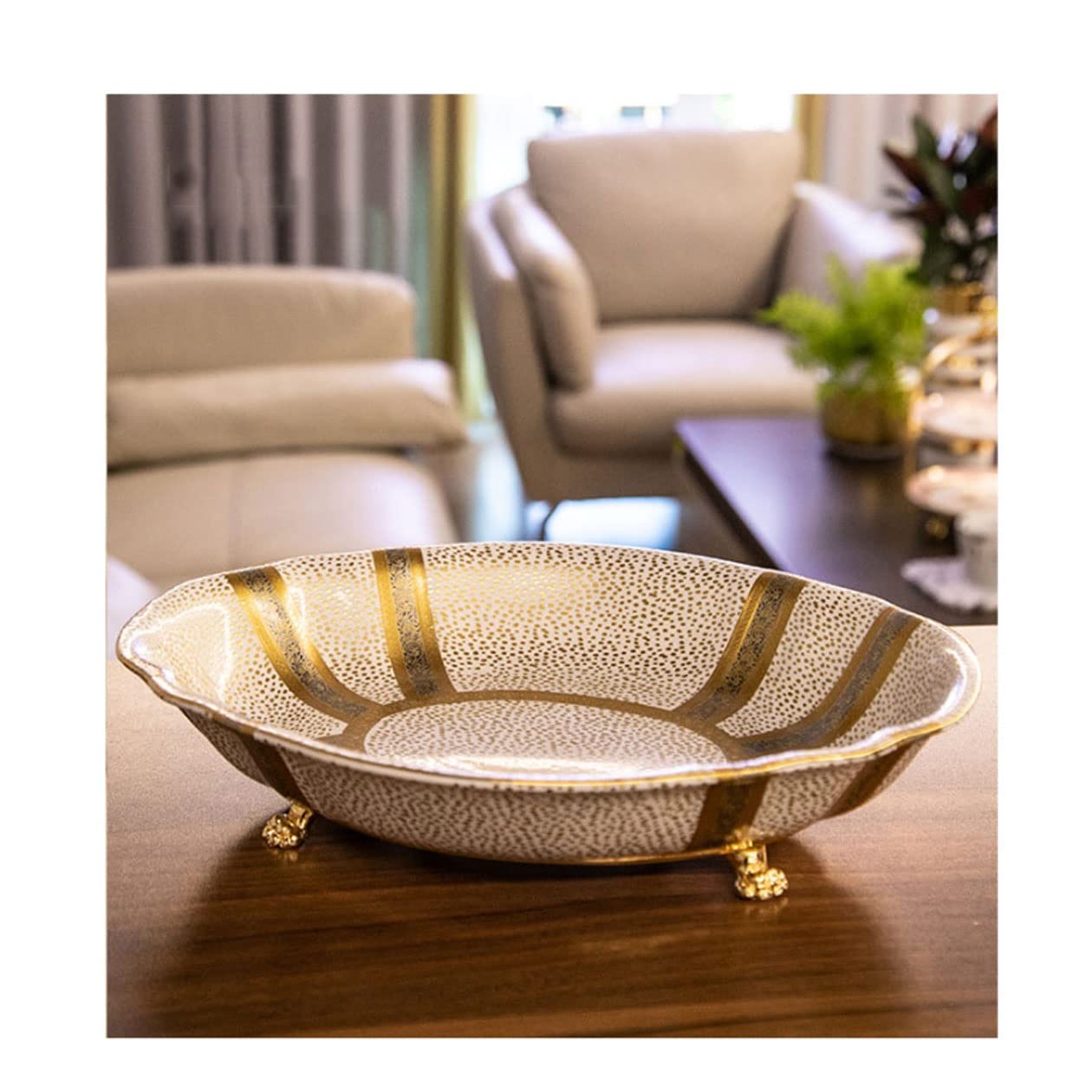 Ceramic Brass Fruit Trays & Platters - Elegant Table Centerpiece Bowls for Snacks, Food Serving Display Plates - Perfect for Living Room Coffee Table Decor & Party Serving