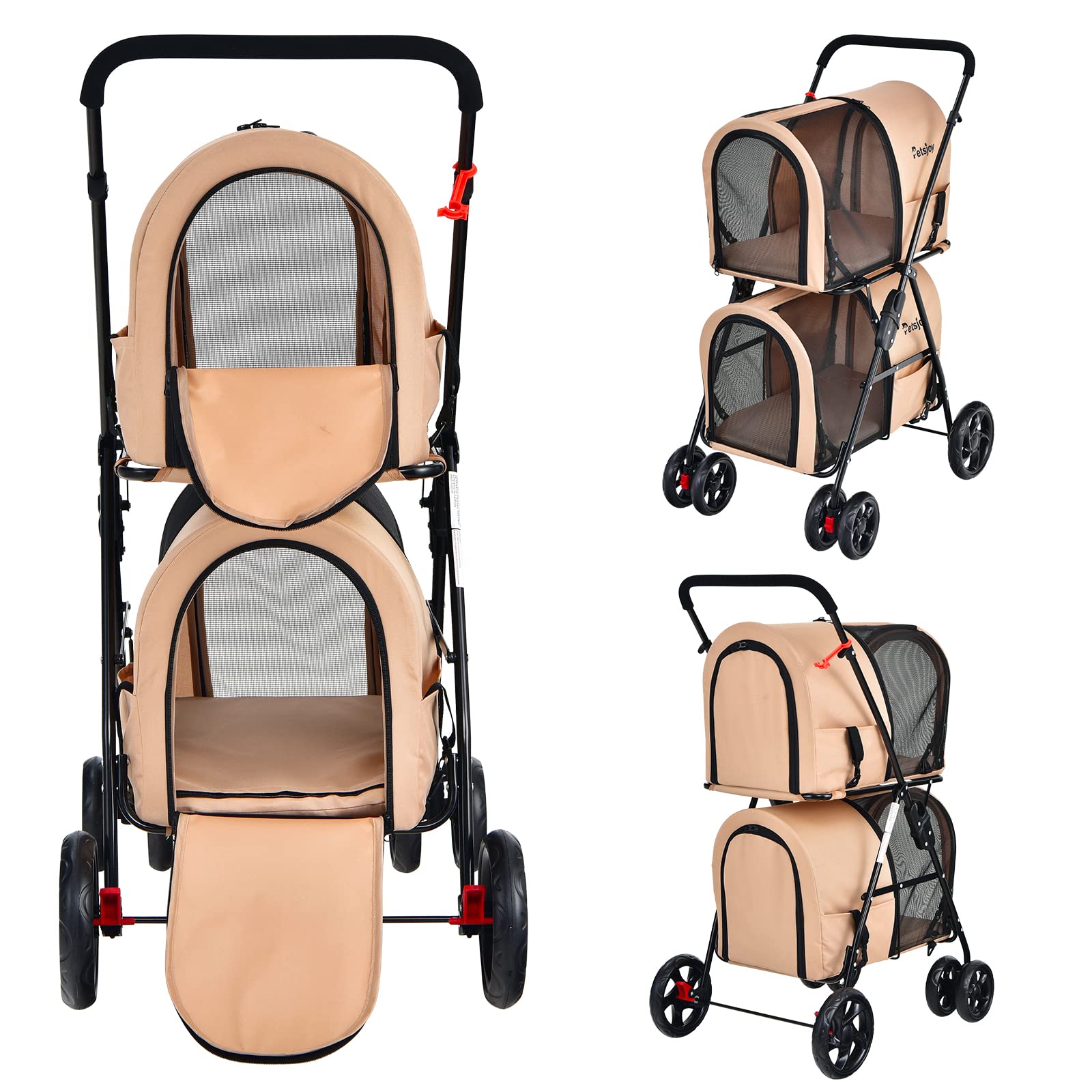 Foldable Double Dog Stroller for 2 Small/Medium Pets - Detachable Carrier Wheels, Jogger Stroller Crate for Car Seat - Perfect for Walking, Camping & Travel (Beige) | Ideal for Vet Visits, Park Outings & Shopping Trips