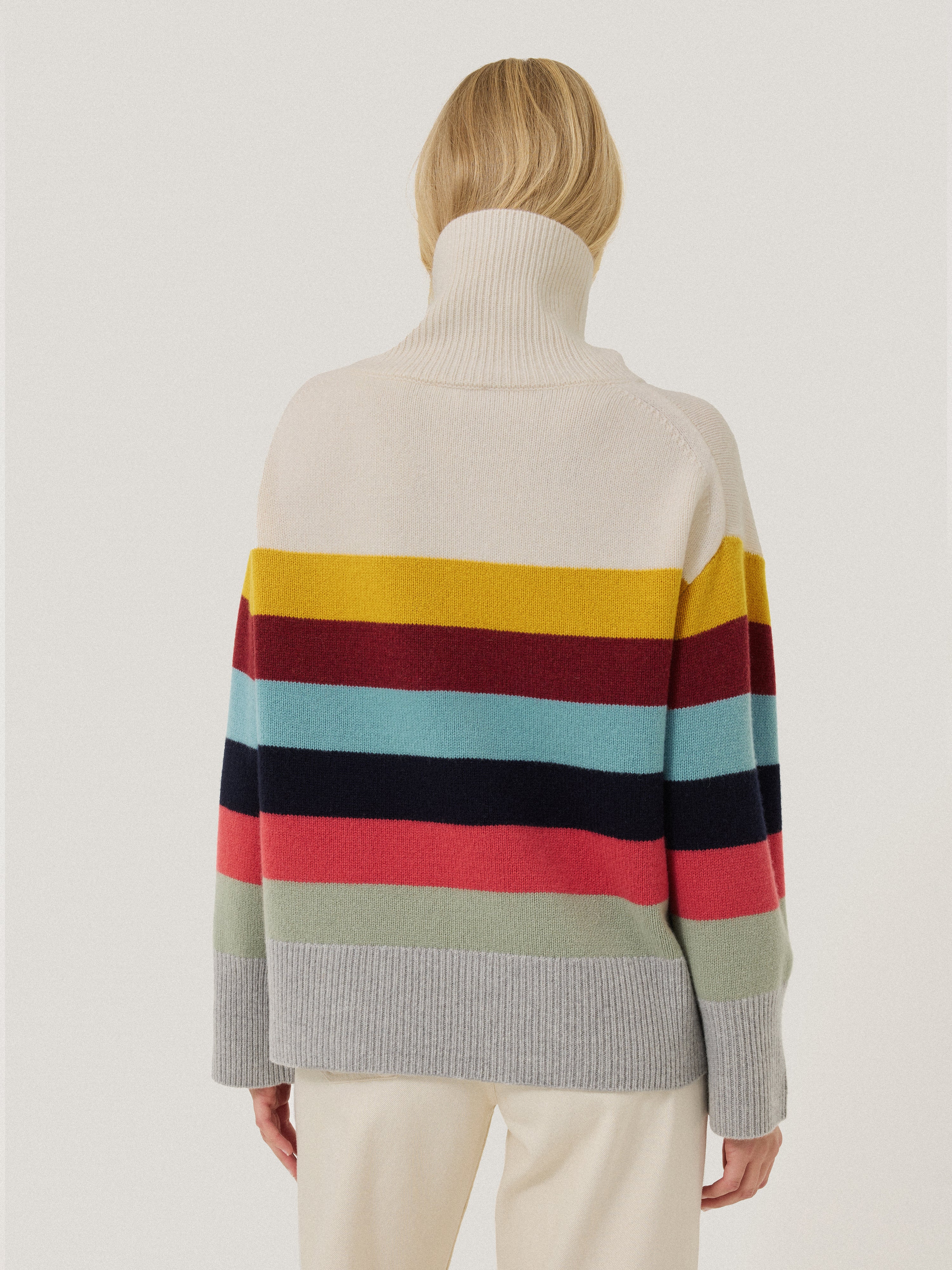 Wool Multi Stripe Turtleneck Sweater for Women - Soft Grey Winter Knit Pullover | Cozy Office Wear & Casual Outfits