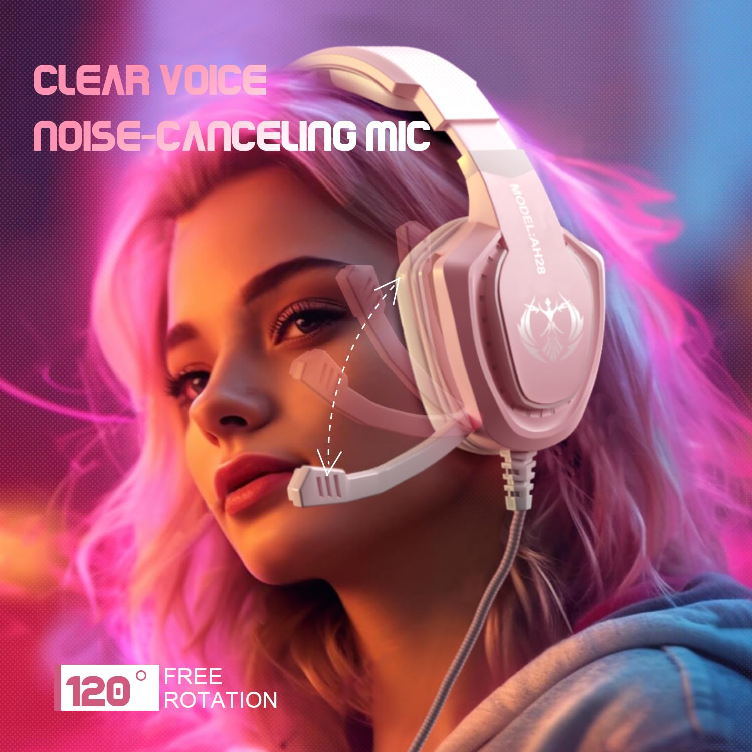Pink Gaming Headset for Women & Girls with Microphone - Wired Over-Ear Headphones with Bass Boost & Stereo Surround Sound - Compatible with PC, Mac, PS5, Xbox, PS4, Laptop - Perfect for Gaming, Streaming & Online Classes (Pink)