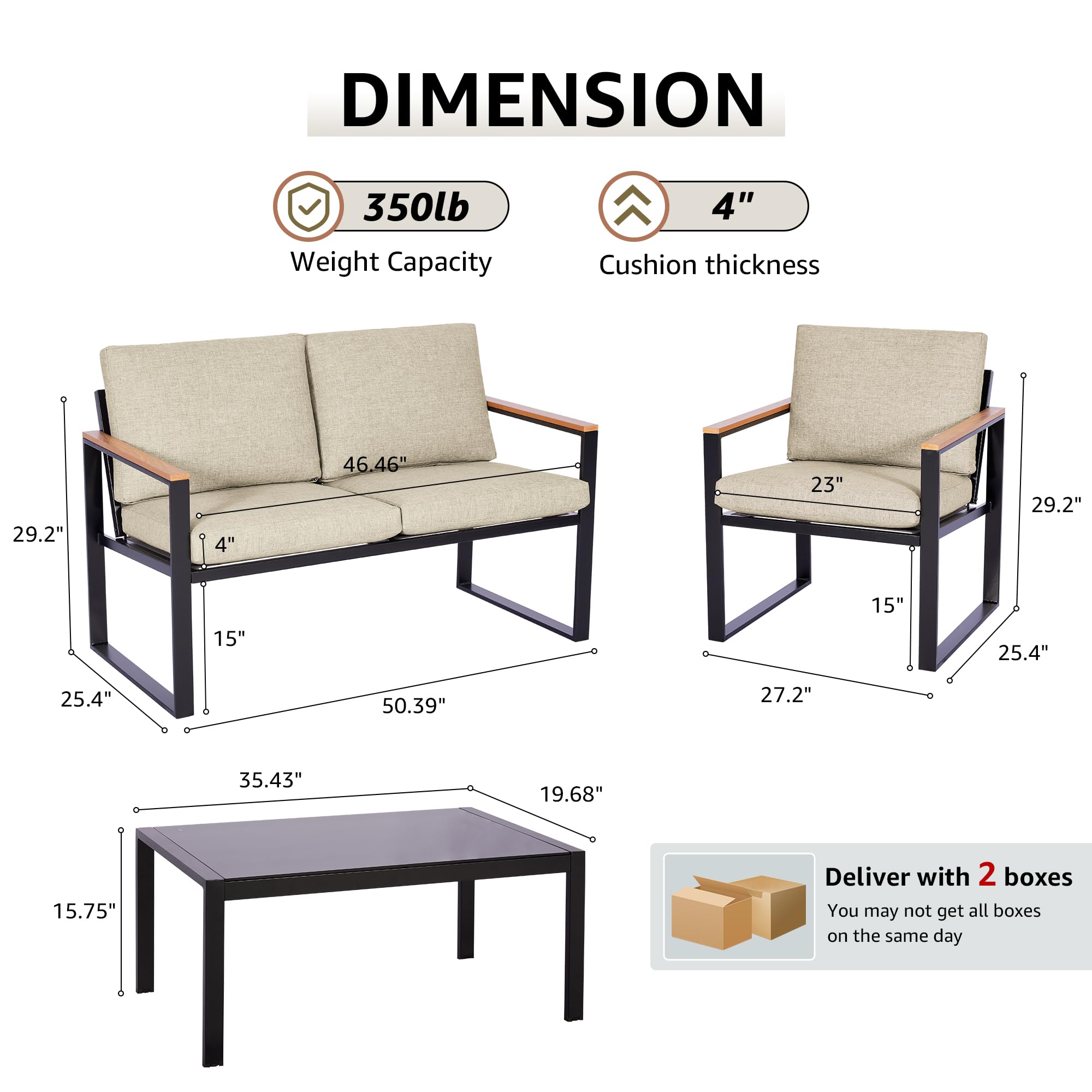 4-Piece Patio Furniture Set - Metal Outdoor Sectional Conversation Set with Wooden Anti-Scald Armrests & Sling Mesh - Includes 4