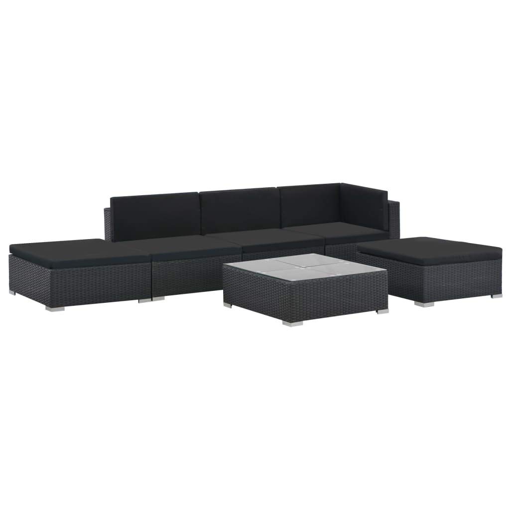 vidaXL 6-Piece Patio Sofa Set - Outdoor Sectional Couch with Cushions & Table, Black Poly Rattan Furniture for Backyard, Garden, Poolside or Deck Relaxation
