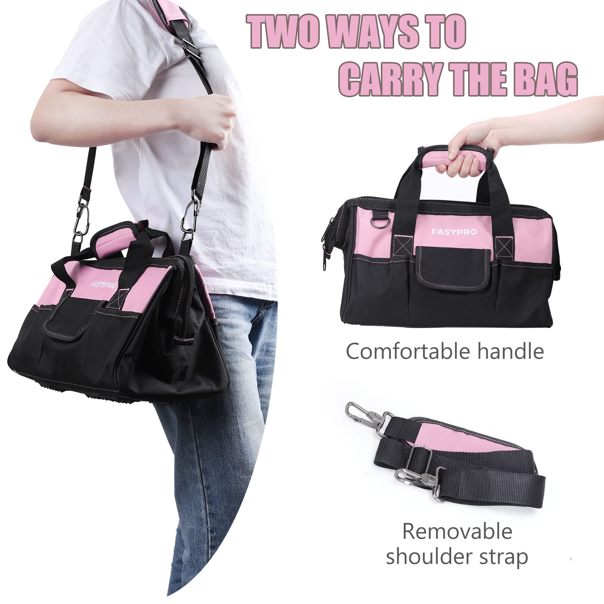 FASTPRO 14-Inch Pink Tool Bag for Women - Durable Zip-Top Wide Mouth Open Tool Organizer with Adjustable Shoulder Strap - Perfect for Electricians, Plumbers & DIY Home Improvement Projects