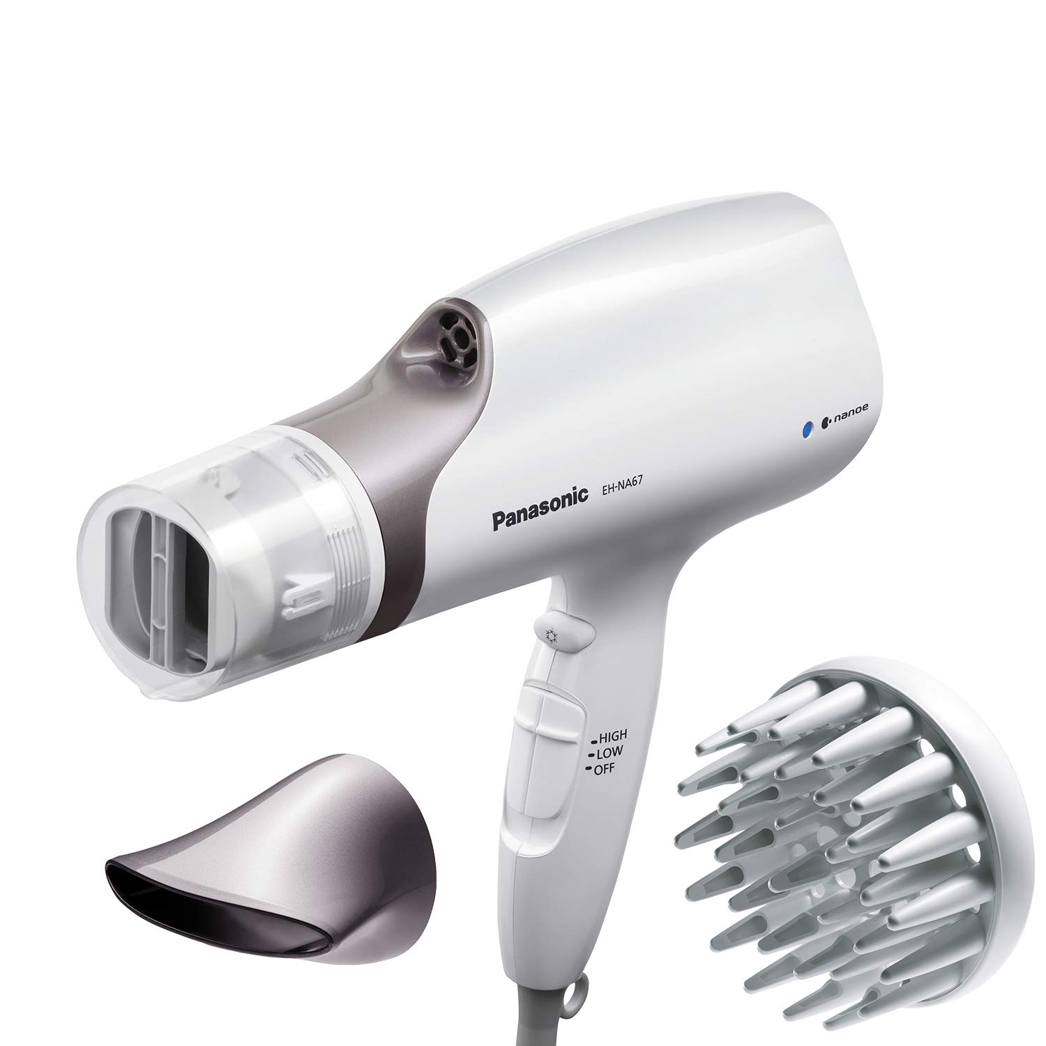 Panasonic Nanoe Hair Dryer EH-NA67-W - Salon Quality Blow Dryer with Oscillating QuickDry Nozzle, Diffuser & Concentrator Attachments, 3 Heat & Speed Settings for Fast Drying & Healthy Hair - Perfect for Home & Professional Styling (White)