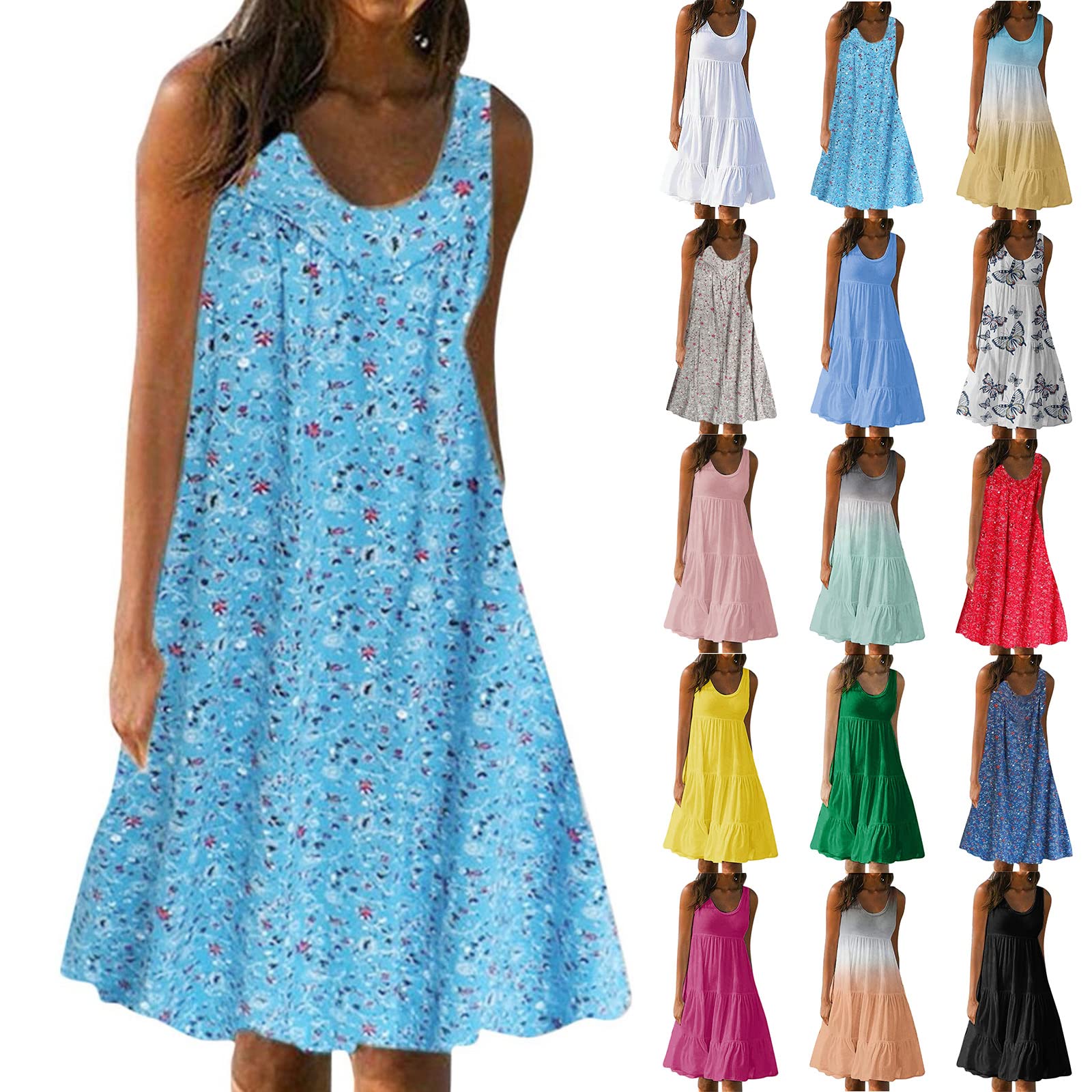 FQZWONG Women's Summer Dresses 2023 - Trendy Ruched Sleeveless Flowy Swing Dress for Beach Vacation & Tropical Outfits | Perfect for Hawaiian Parties, Poolside Lounging & Summer Getaways