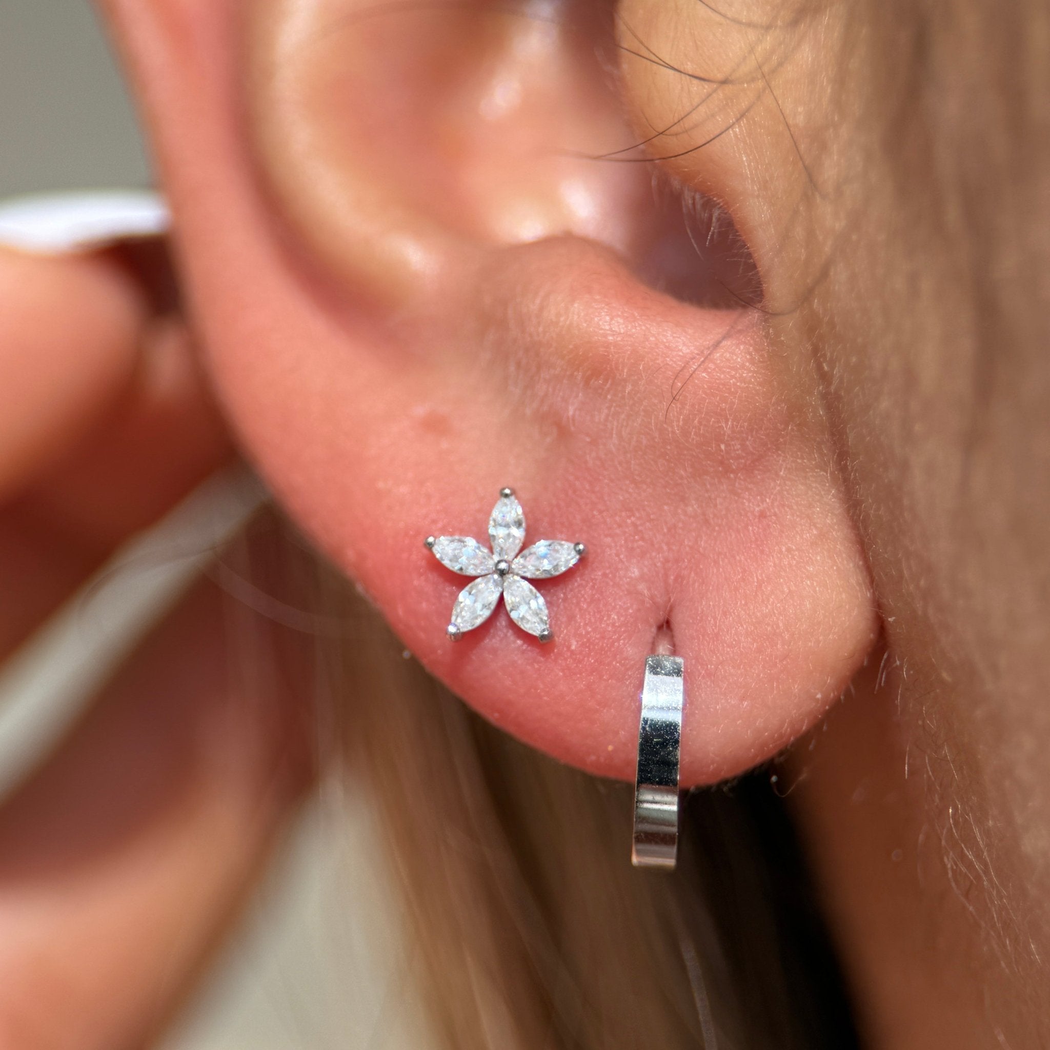 14k White Gold Marquise Flower Flat Back Earrings for Women - Elegant Dainty Studs for Daily Wear, Parties & Special Occasions