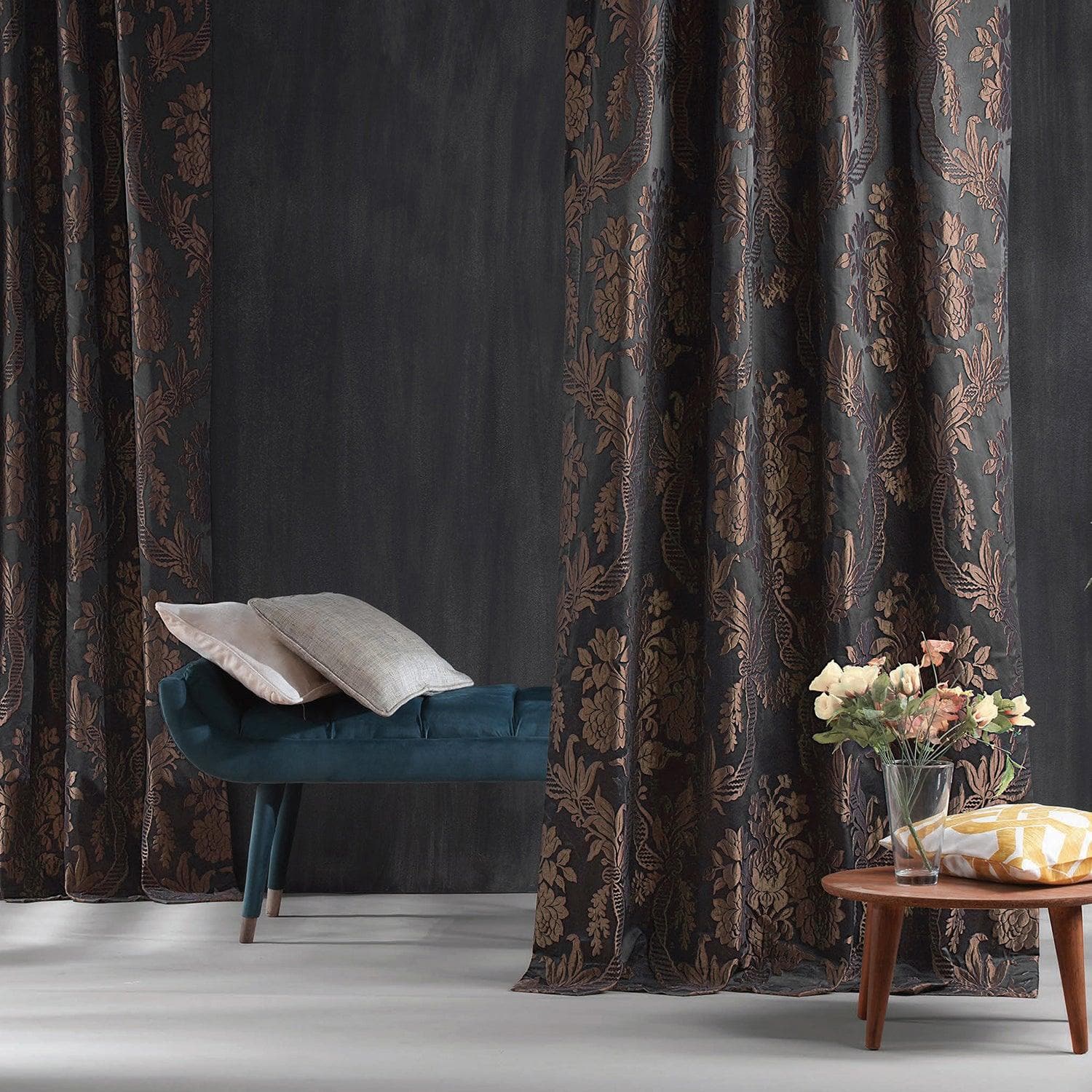 Magdelena Black & Copper Damask Faux Silk Jacquard Custom Curtains - Elegant Window Drapes for Living Room, Bedroom & Home Decor