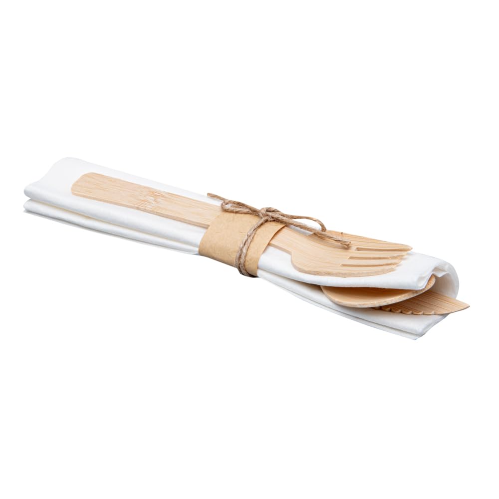 Eco-Friendly 6.75 Inch Disposable Bamboo Cutlery Set - 100 Pieces Wooden Forks, Spoons, Knives & Napkins for Parties, Weddings, Picnics & Catering Events | Sustainable Biodegradable Flatware for Restaurants & Takeout