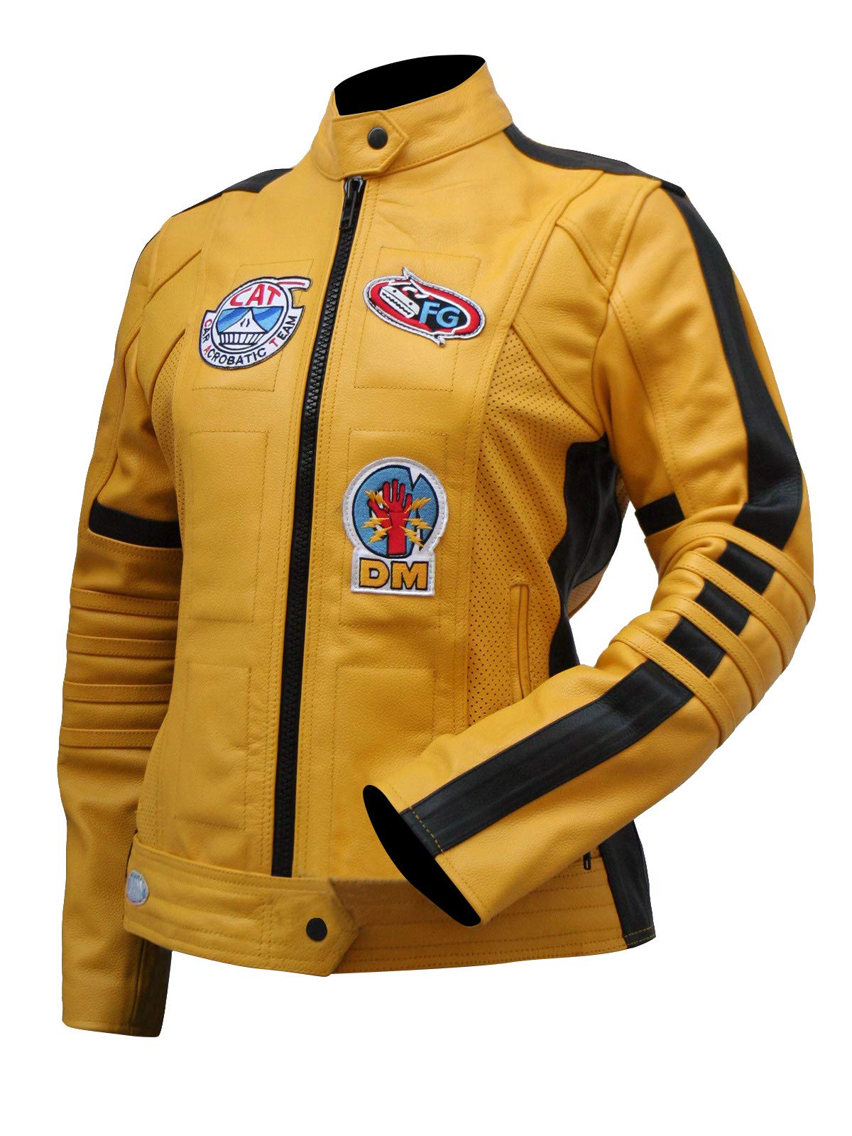Women's Kill Bill Uma Thurman Motorcycle Jacket - Yellow Padded Biker Costume Leather Jacket for Halloween Cosplay & Movie Costume Parties