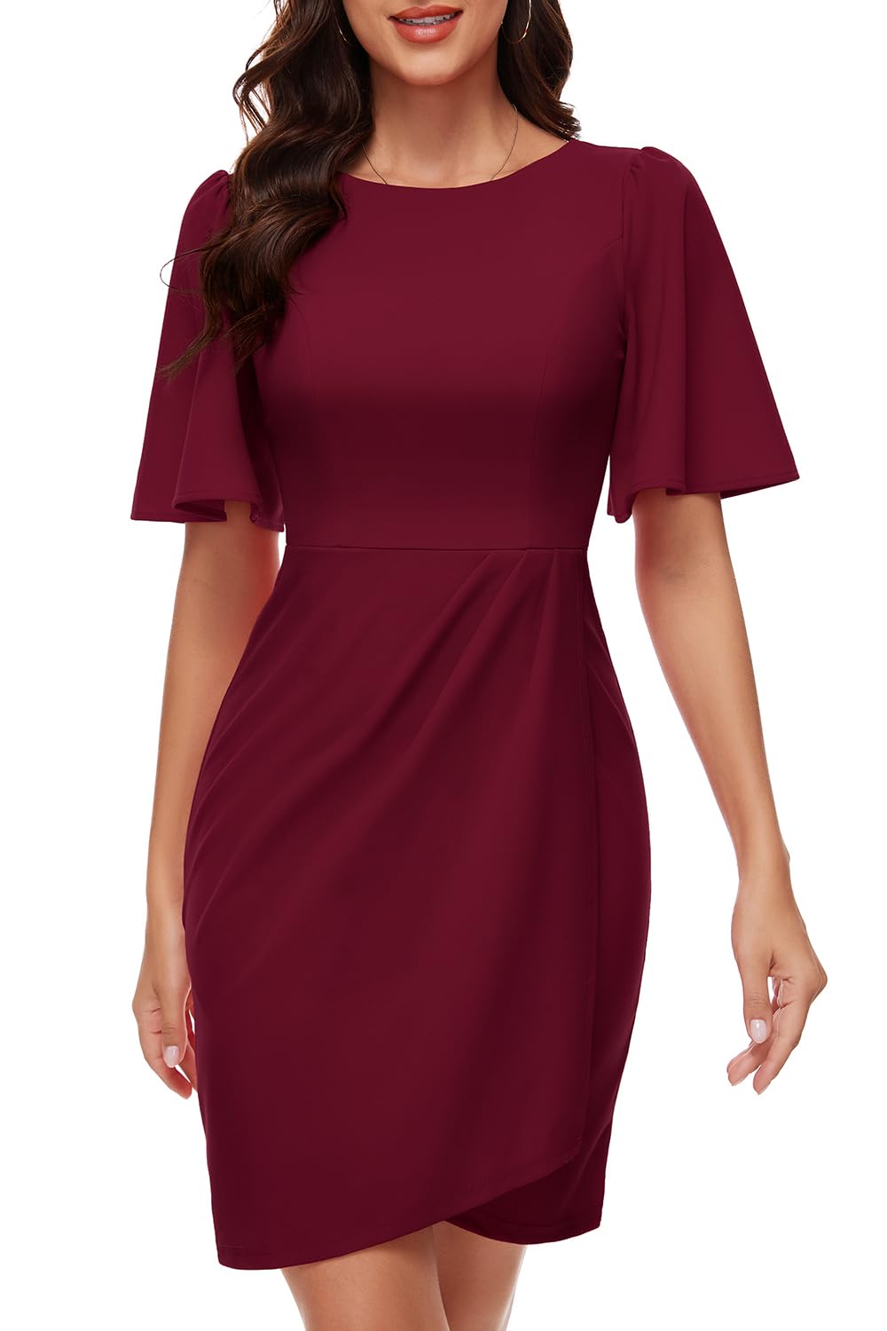 Bbonlinedress Women's Short Sleeve Cocktail Dress - Ruched Sheath Bodycon Formal Dress for Wedding Guest, Office Party & Evening Events