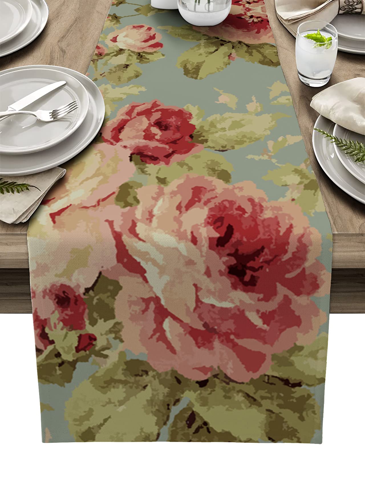Vintage Rose Floral Burlap Linen Table Runner - 90 Inch Long Farmhouse Kitchen Dining Decor for Coffee Table, Wedding, Banquet & Party | Rustic Home Decor for Farmhouse, Retro & Boho Style