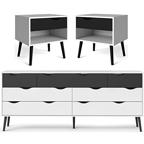 Modern 3-Piece Bedroom Furniture Set - White & Black Wood Dresser with 8 Drawers & 2 Nightstands | Space-Saving Storage Solution for Small Rooms & Apartments