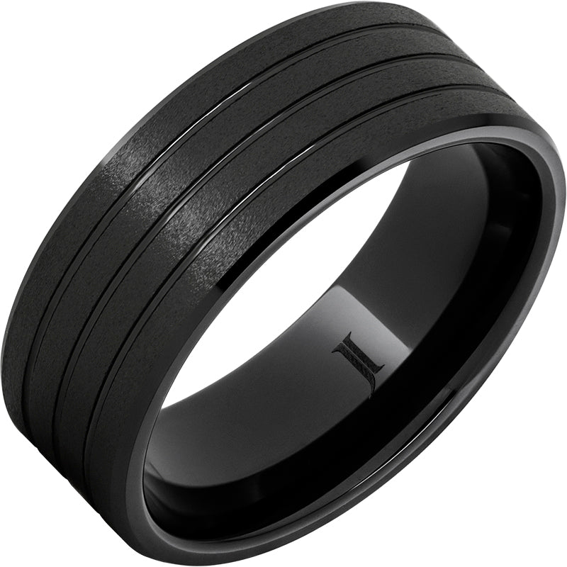 Black Diamond Ceramic™ Grooved Ring with Stone Finish - Elegant Wedding Band, Anniversary Gift for Her/Him - Perfect for Engagements, Promises & Special Occasions