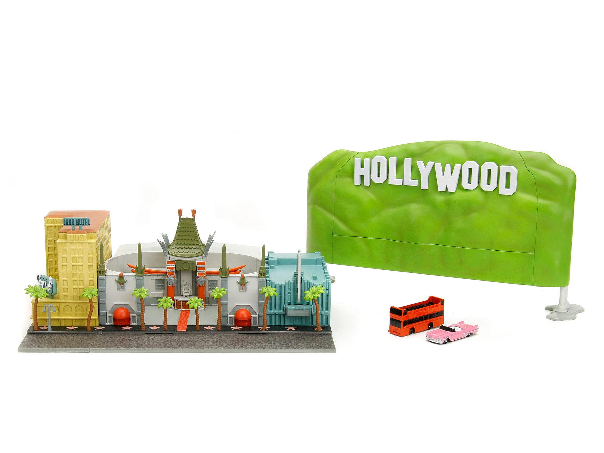 Jada Hollywood 100 Walk of Fame Diorama - Pink Convertible & Double Decker Bus Nano Scene Series Model | Collectible Miniature Display for Movie Fans & Home Decor