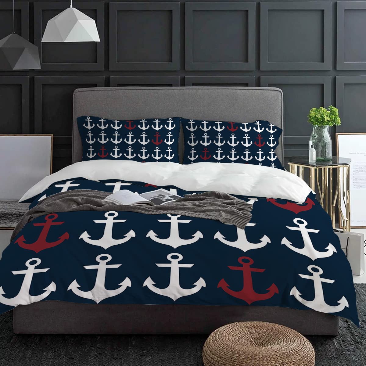 Nautical Anchor 3-Piece Duvet Cover Set - Navy & Red Soft Comforter Cover with Pillowcases, Full Size | Washable Bedding Set for Coastal Themed Bedroom Decor