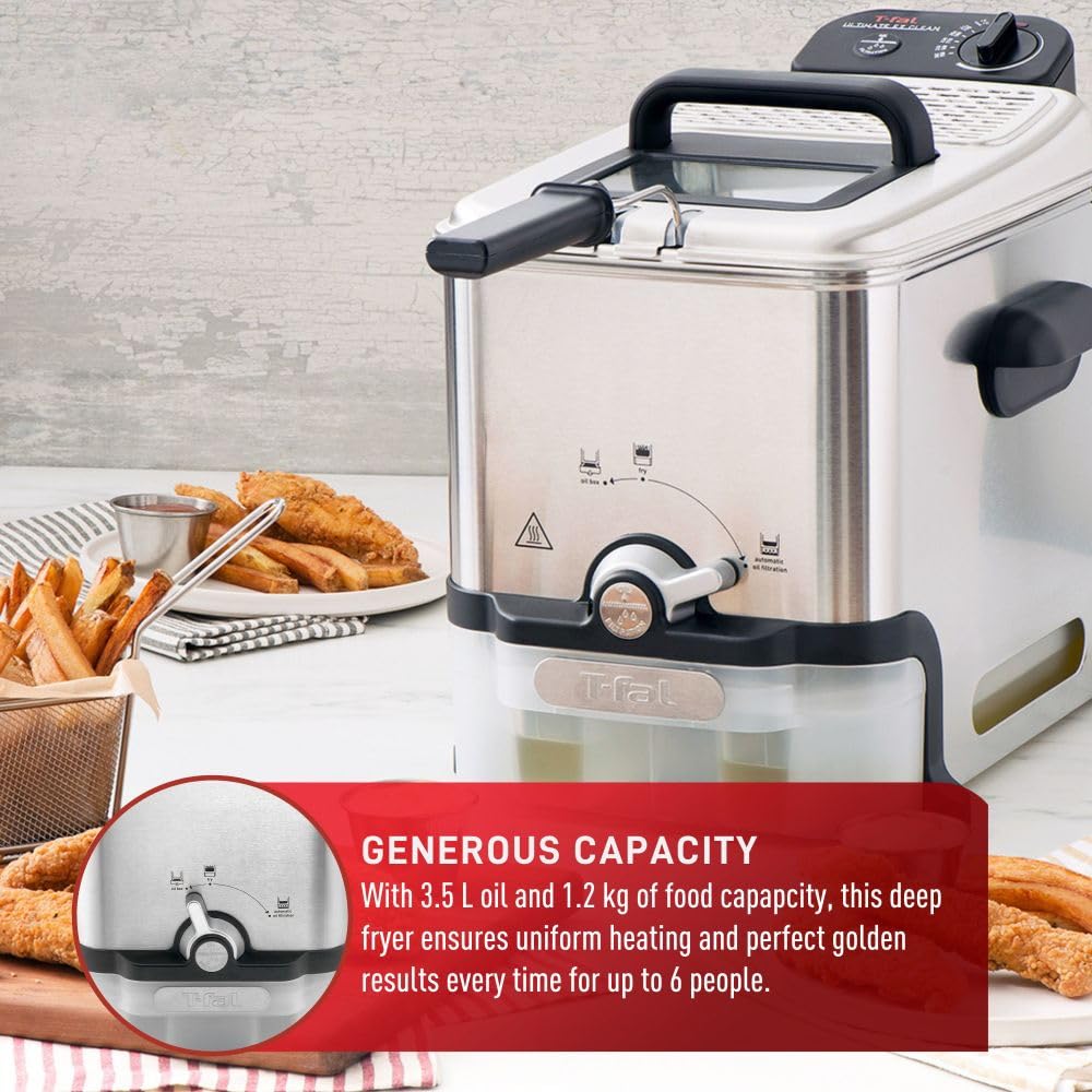 T-fal 3.5L Deep Fryer with Oil Filtration System - 1700W Stainless Steel Electric Fryer, Dishwasher Safe Parts, Digital Timer & Adjustable Temperature Control for Perfect Golden Crispy Results - Ideal for Home Kitchen, Restaurants & Fast Food Businesses