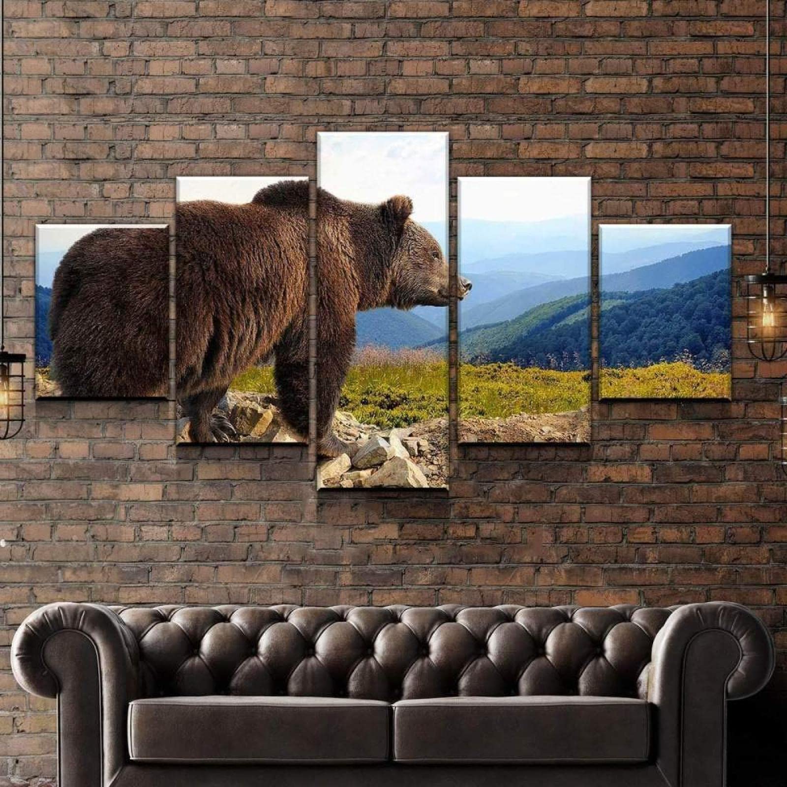 Bear in The Mountain 5-Piece Canvas Wall Art Set - Brown Bear Nature Painting for Living Room & Bedroom Decor - Giclee Printed Poster with Wood Frame (60