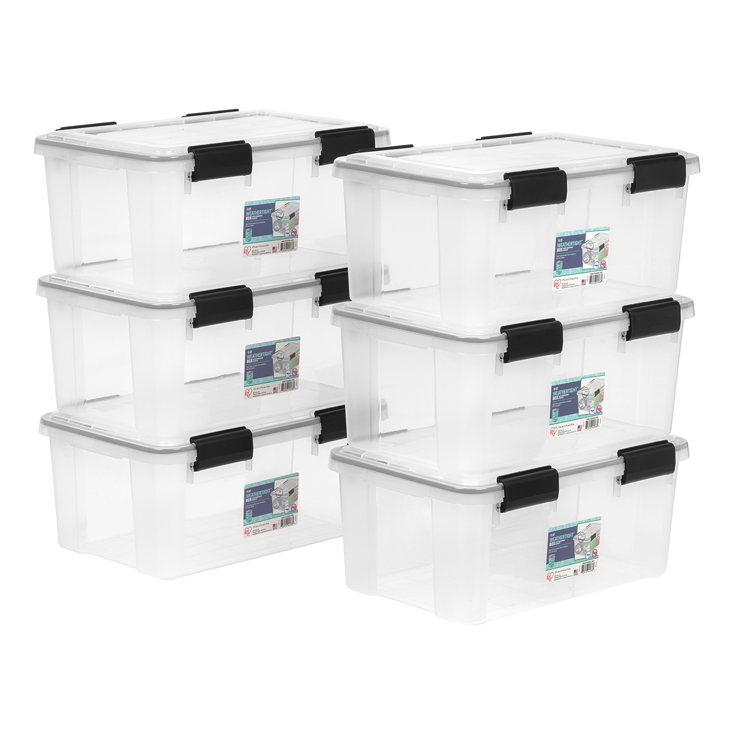 IRIS USA WeatherPro 19 Qt Storage Bins with Lids, 6 Pack - BPA-Free Plastic Airtight Containers with Secure Latch & Seal, Stackable Nestable Tote Bins for Home Organization, Kitchen, Pantry & Garage Storage (Clear/Black)