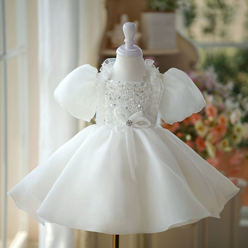 Elegant White Sequin Puff Sleeve Mesh Princess Dress for Baby Girls - First Communion Dress, Christening Gown, Flower Girl Dress for Special Occasions
