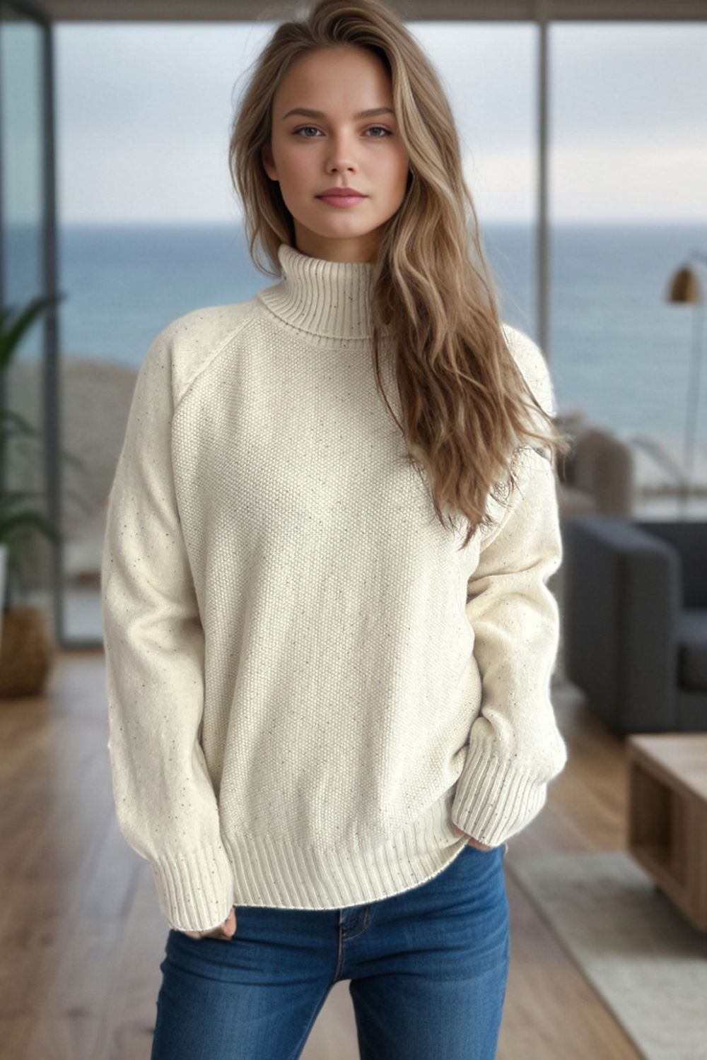 Women's Ribbed Turtleneck Raglan Sleeve Sweater - Soft Knit Pullover for Fall & Winter - Perfect for Office Wear, Date Nights and Casual Outfits