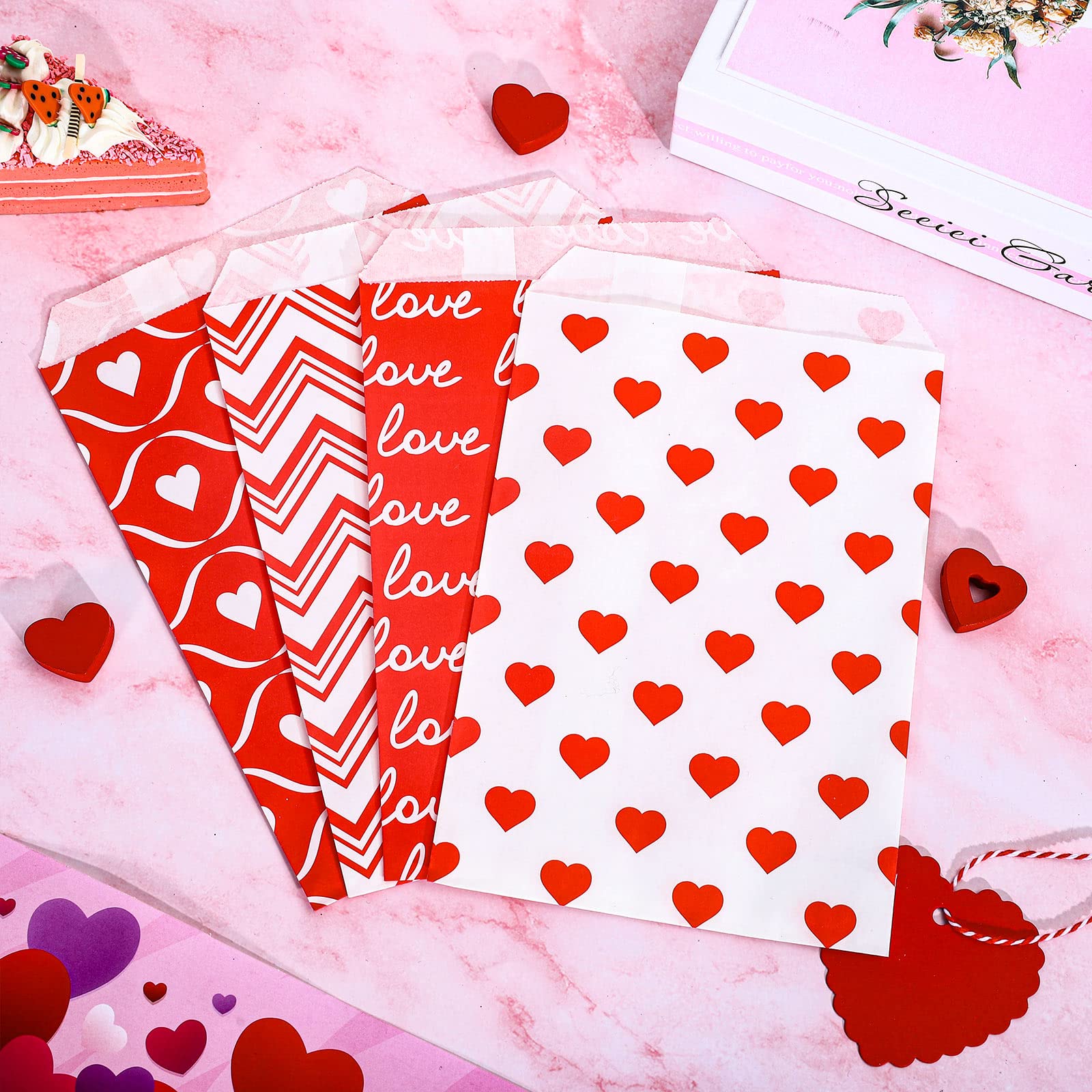 AnyDesign 120 Pack Valentine's Day Treat Bags - Red & White Heart Stripe Printed Paper Gift Bags for Candy, Cookies, Party Favors | Perfect for Weddings, Mother's Day, Holiday Buffets & Classroom Celebrations