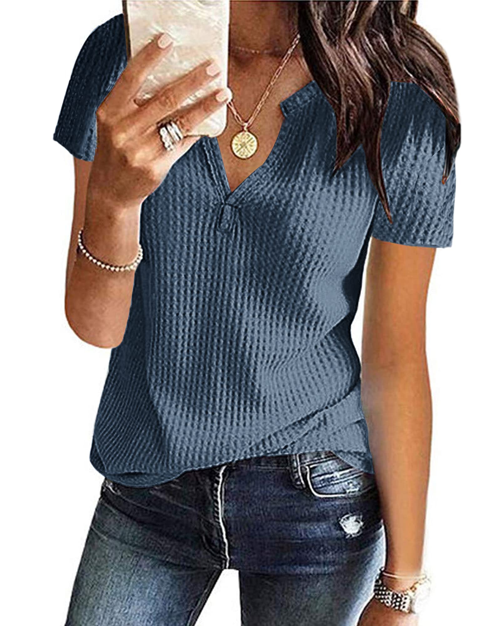 WNEEDU Women's Waffle Knit Tunic Sweater - V-Neck Henley Short Sleeve T-Shirt - Casual Loungewear & Spring Layering Essential