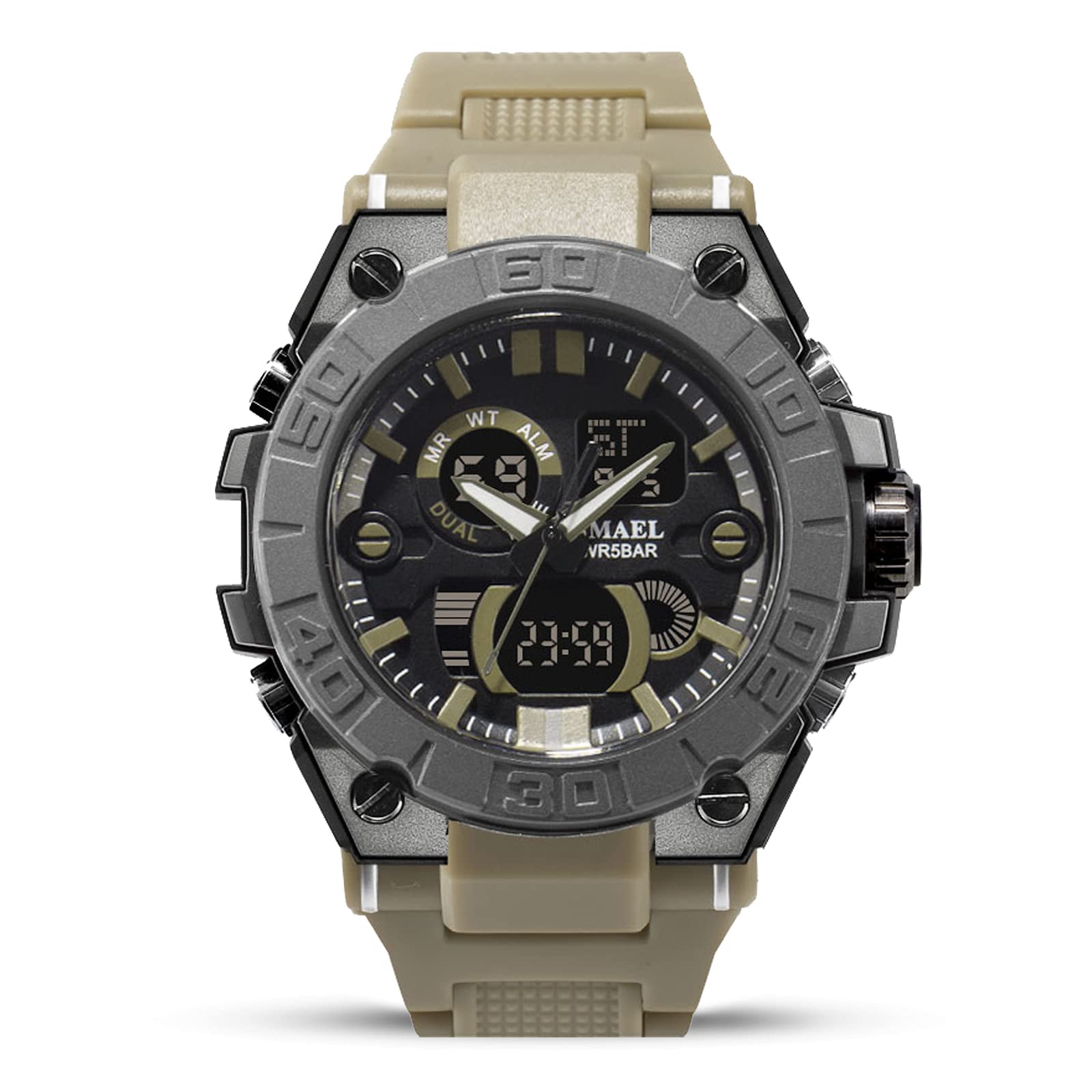 **Kcanamgal Men's Military Sport Watch - Analog Quartz Dual Display with Alarm, Big Face Digital Wristwatch for Outdoor & Casual Wear (Khaki)**    *(Ideal for Hiking, Running, Gym Workouts & Everyday Fashion Accessory)*