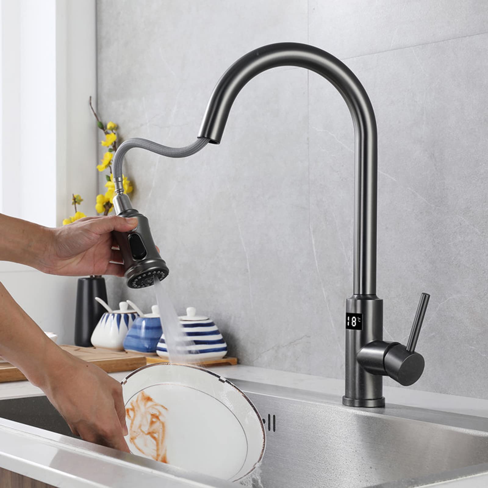 Smart LED Digital Display Touch Kitchen Faucet with Pull Down Sprayer - Single Handle Stainless Steel Sink Faucet for Modern Kitchens | Perfect for Cooking, Washing Dishes & Home Renovation