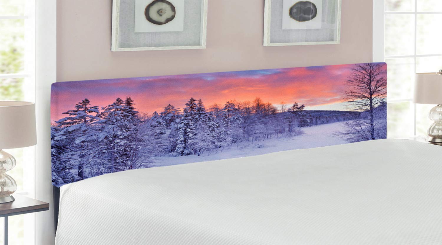 Ambesonne Winter Headboard - Frozen River Wintry Landscape Finnish Lapland Sunrise Arctic Nordic Design | Upholstered Decorative Metal Bed Headboard with Memory Foam | King Size Multicolor | Perfect for Bedroom Decor, Guest Rooms & Cozy Winter-Themed Interiors