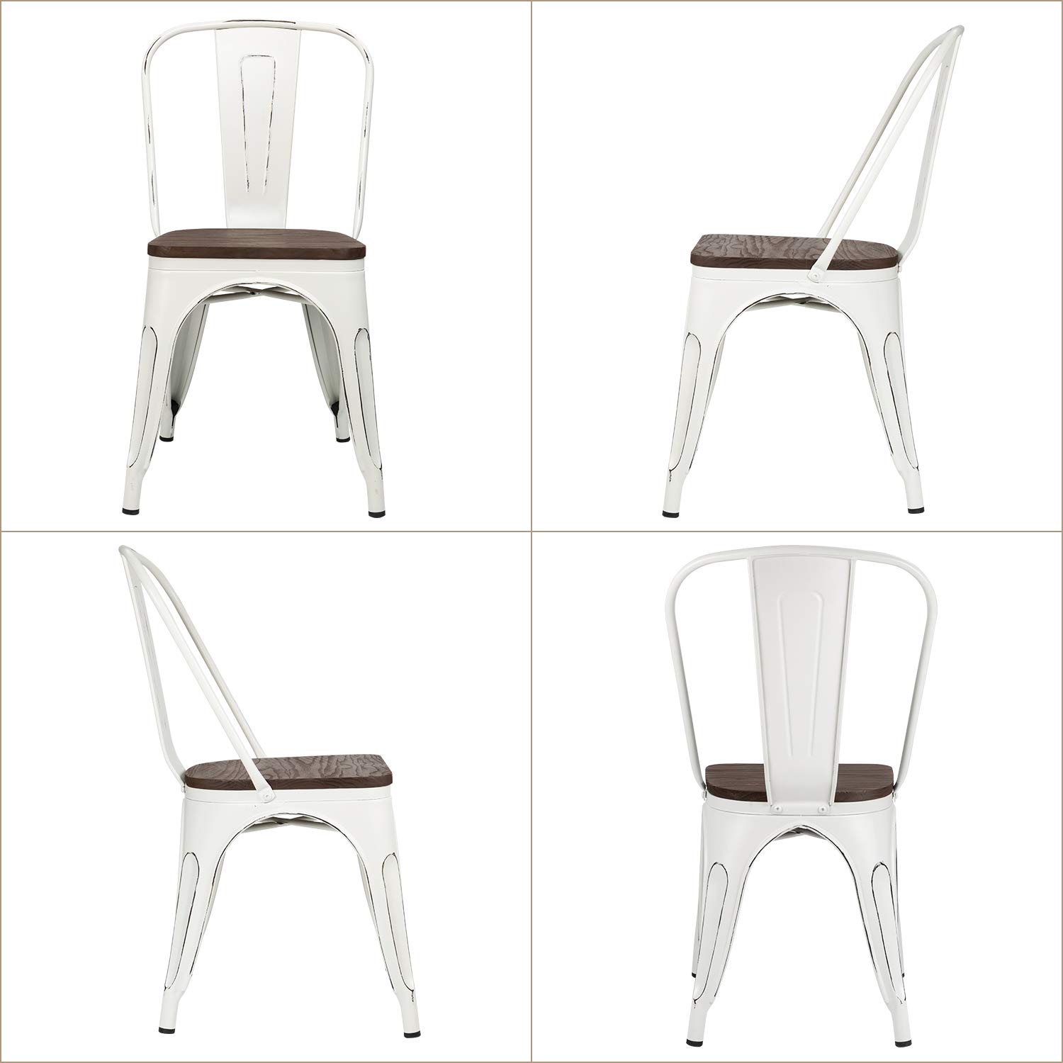 Furniwell 4-Pack Stackable Metal Dining Chairs with Wood Seat - Industrial Tolix Style Indoor/Outdoor Kitchen, Dining Room, Bistro & Cafe Chairs (White) - Perfect for Home, Restaurant and Patio Use