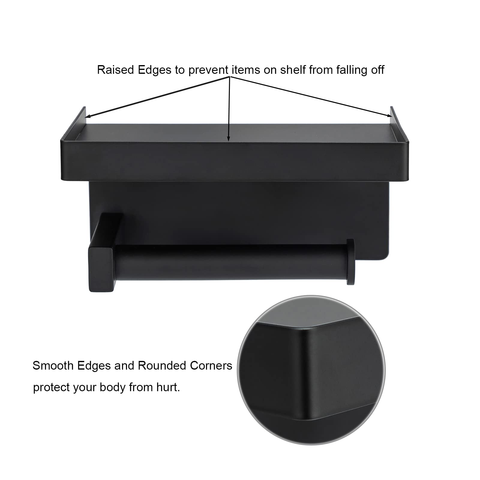 Premium SUS304 Stainless Steel Toilet Paper Holder with Shelf - Matte Black Wall Mount Bathroom Tissue Roll Hanger - Strong Adhesive & Durable for Home, Office, Hotel Restroom Organization