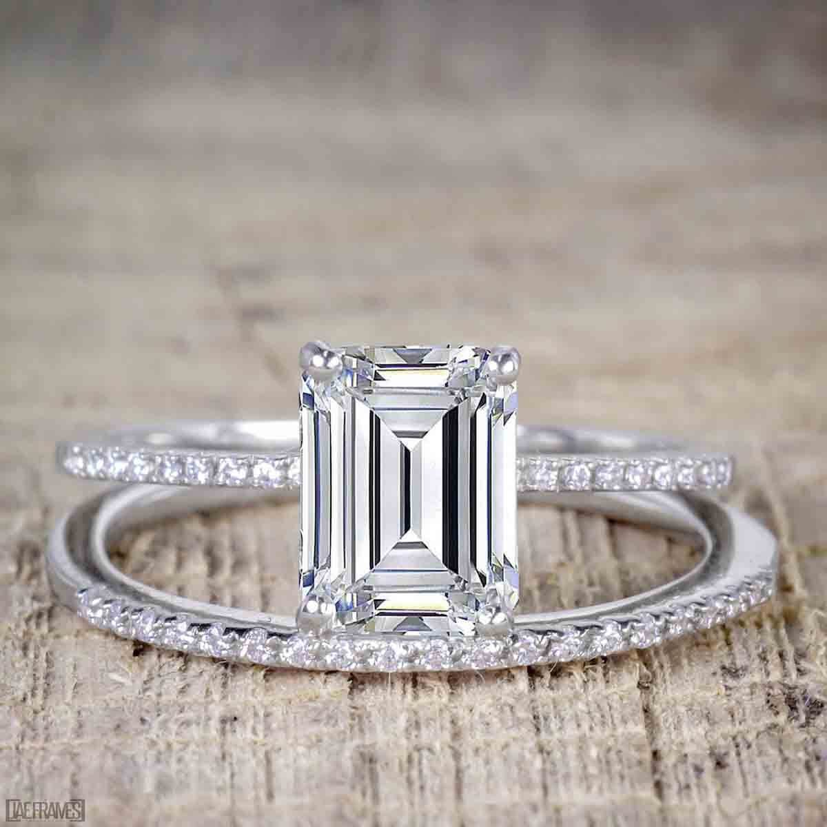 1.25 Carat Emerald Cut Moissanite Diamond Engagement Ring Set in 18k White Gold Plated - Wedding, Proposal, Anniversary Gift for Her