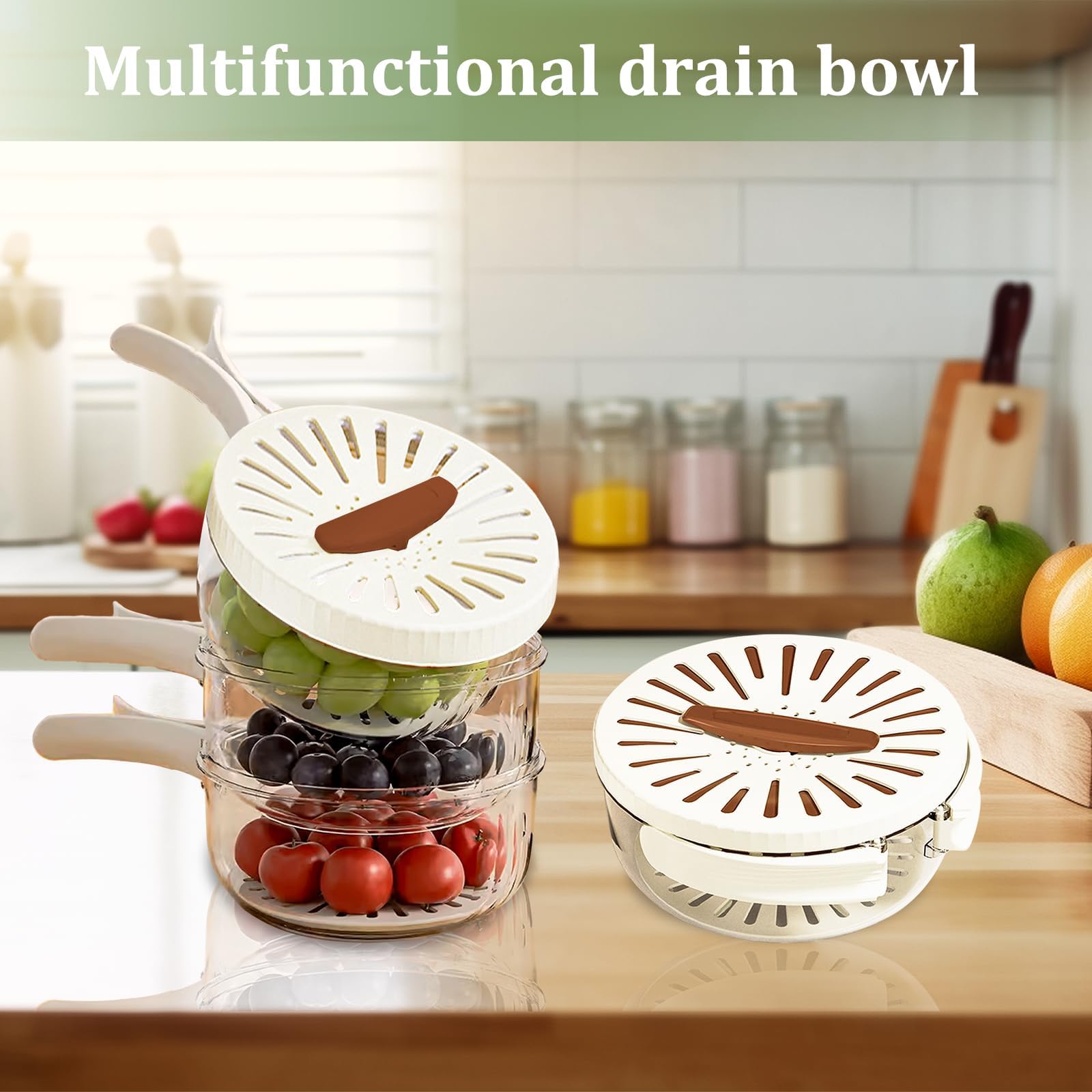 2-in-1 Multifunctional Fruit Washing Bowl with Drain Basket & Handle - Vegetable & Berry Strainer Container for Kitchen, Camping & Picnics (Brown, 2-Pack)