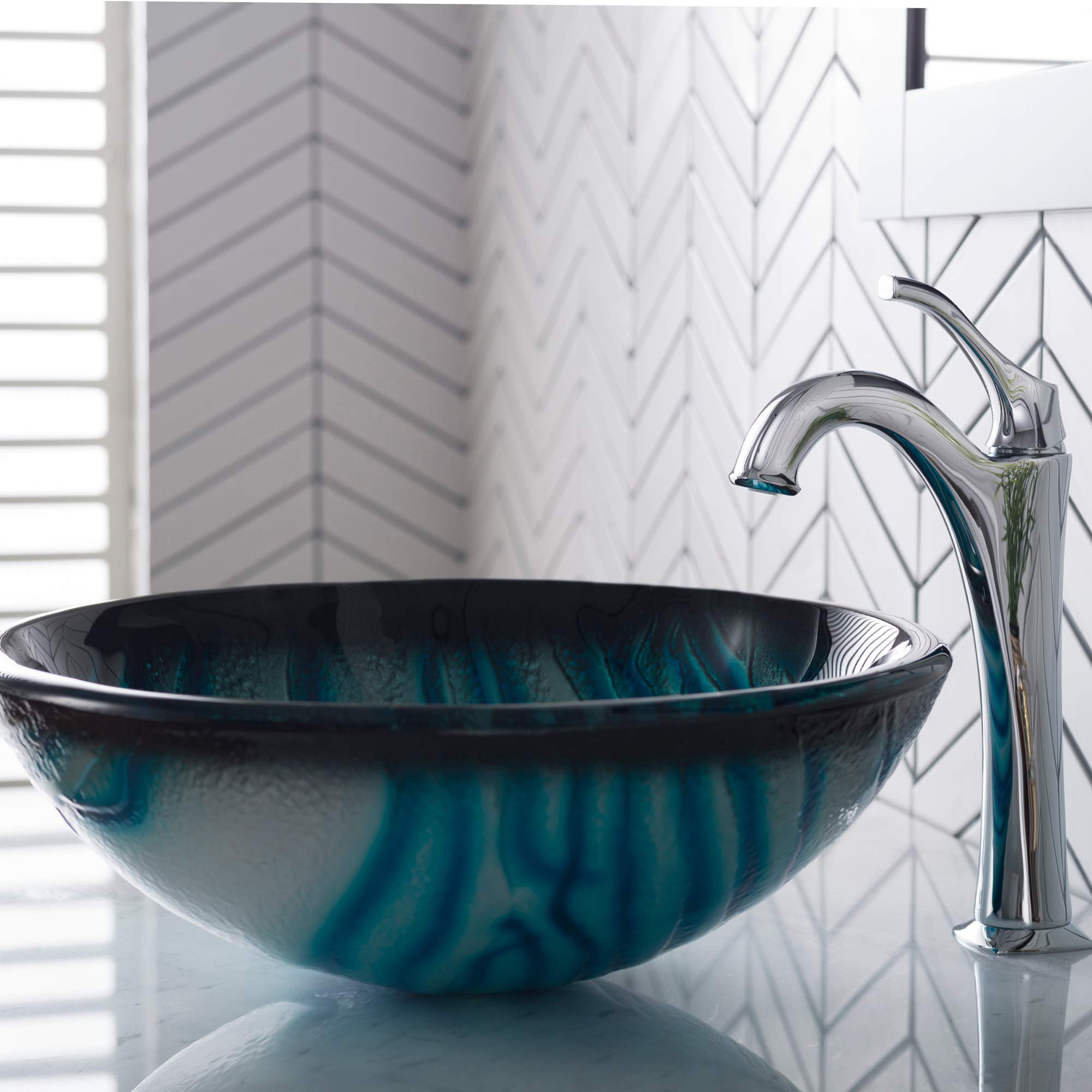 KRAUS 17-inch Blue Glass Nature Series™ Bathroom Vessel Sink with Arlo™ Faucet Combo Set - Chrome Finish & Pop-Up Drain - Modern Vanity Sink for Bathroom, Powder Room, or Guest Bath Remodel