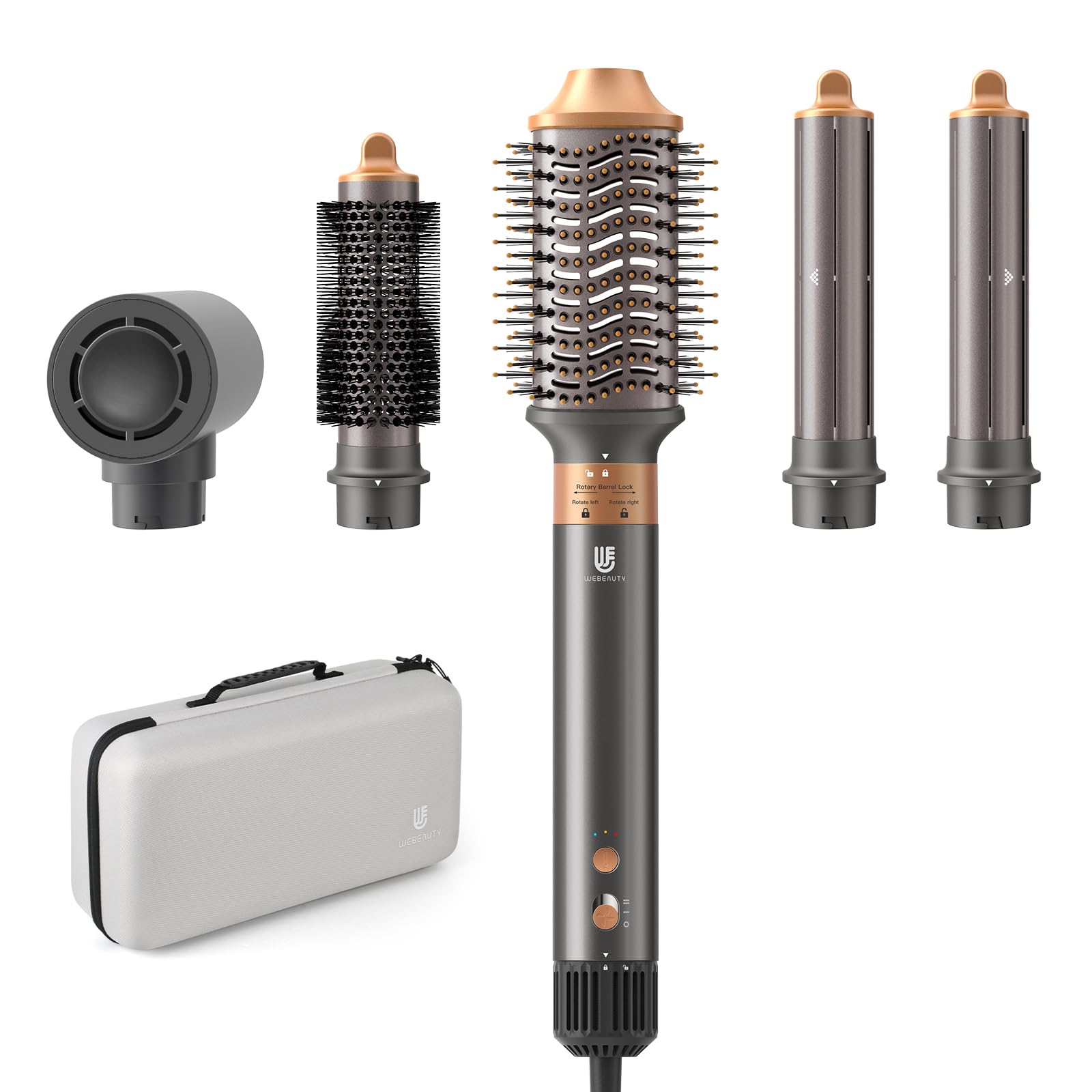 Webeauty 5-in-1 Professional Hair Dryer Brush - Ionic Hot Air Styling Tool with Fast Drying, Volumizing & Curling Iron for Salon-Quality Blowouts - Includes Travel Case (Grey Gold) - Perfect for Home Styling, Travel & Salon Professionals