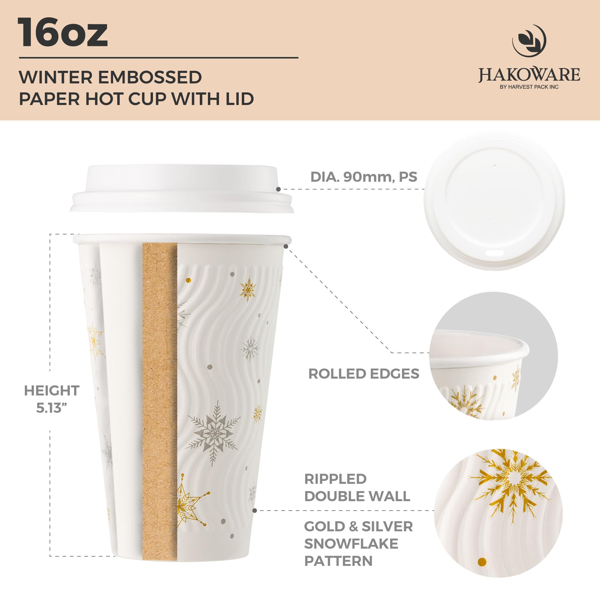 [400 SET] 16 oz Christmas Coffee Cups with Lids - White Snowflake Winter Disposable Paper Cups, Insulated Ripple Wall Design, XMAS Gold & Silver Foil - Perfect for Hot Chocolate, Holiday Parties & Office Gatherings