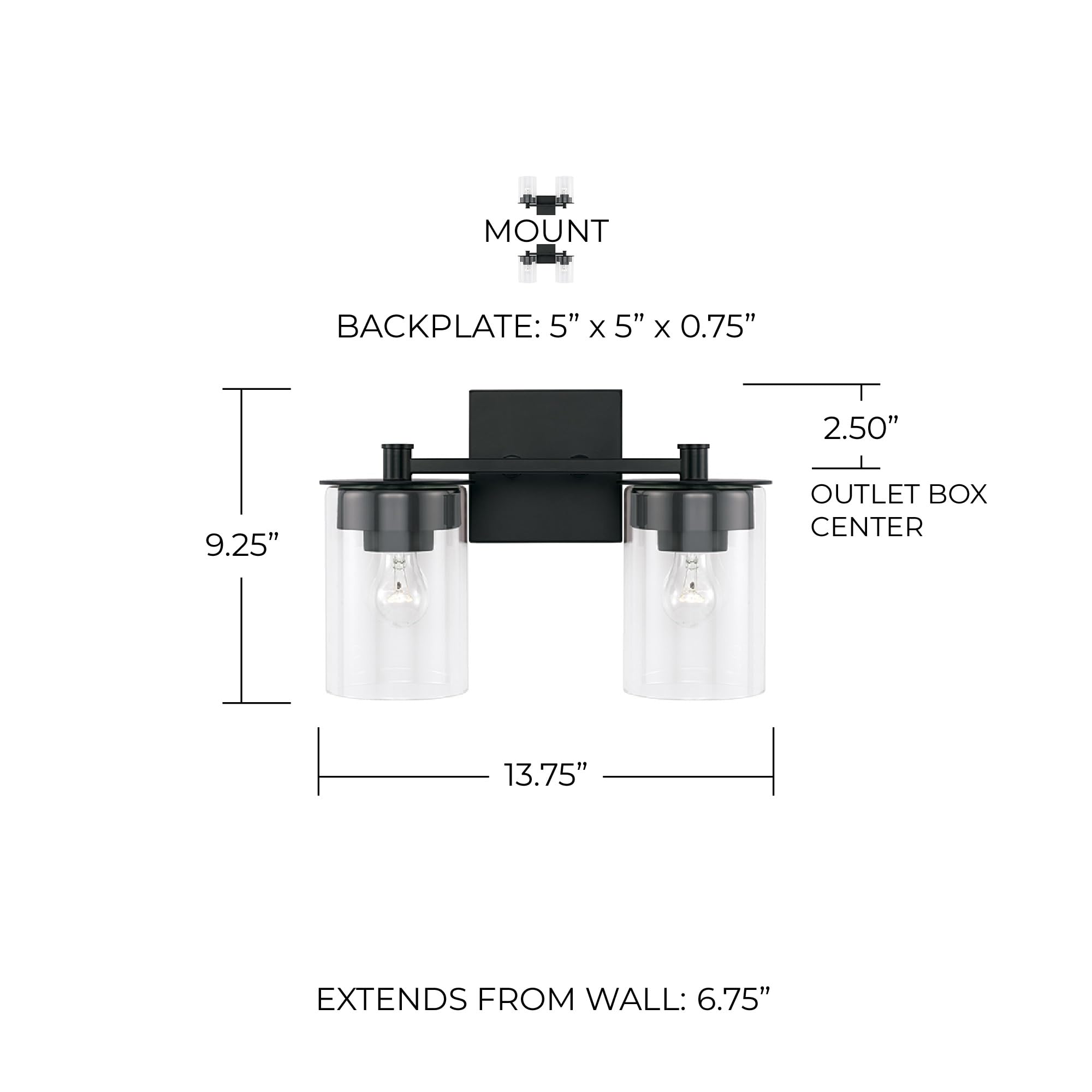 HomePlace Lighting 146821MB-532 2-Light Black Transitional Vanity Light with Clear Glass Cylinder Shades for Bathroom - 200W, 9