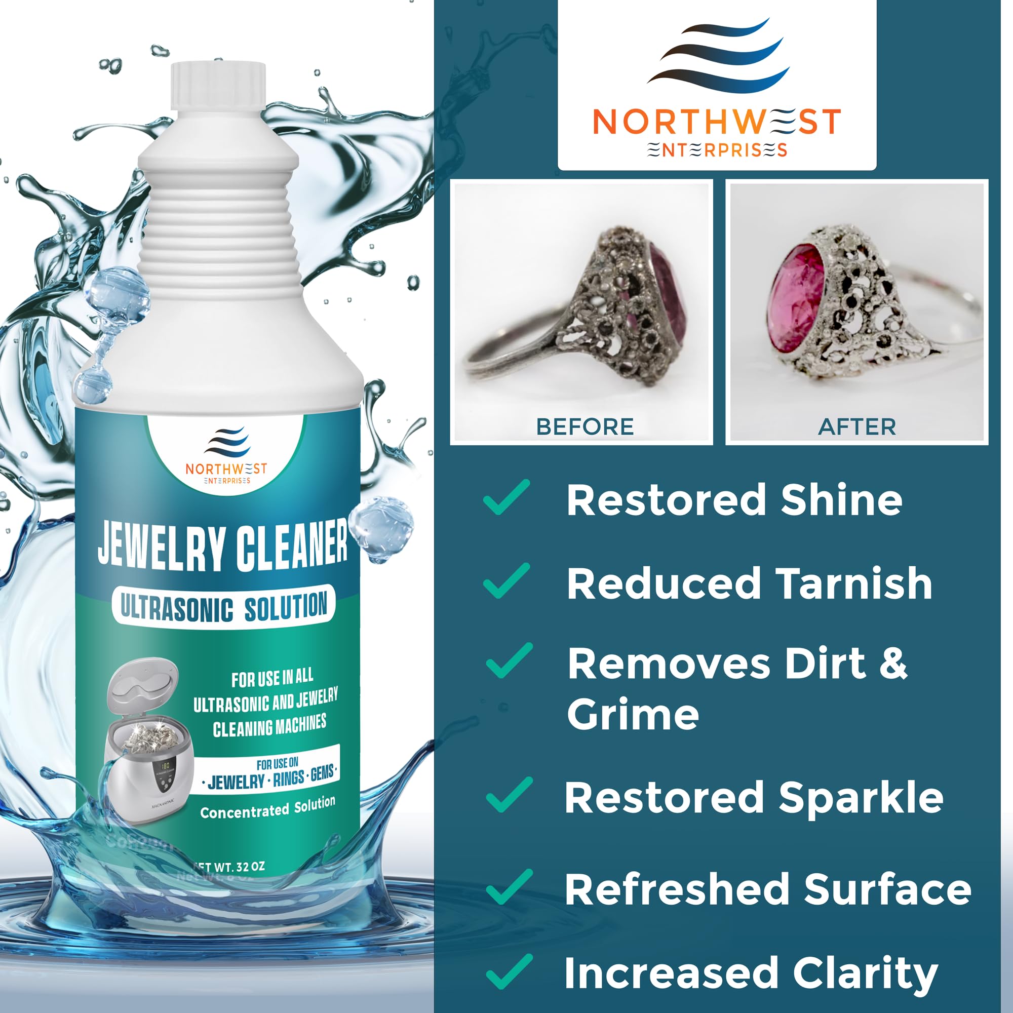 Premium Ultrasonic Jewelry Cleaner Solution - Safely Cleans Gold, Silver, Platinum, Diamonds & Gemstones | Non-Toxic 32oz Formula for Rings, Necklaces, Watches & More | Professional Jewelry Cleaning at Home