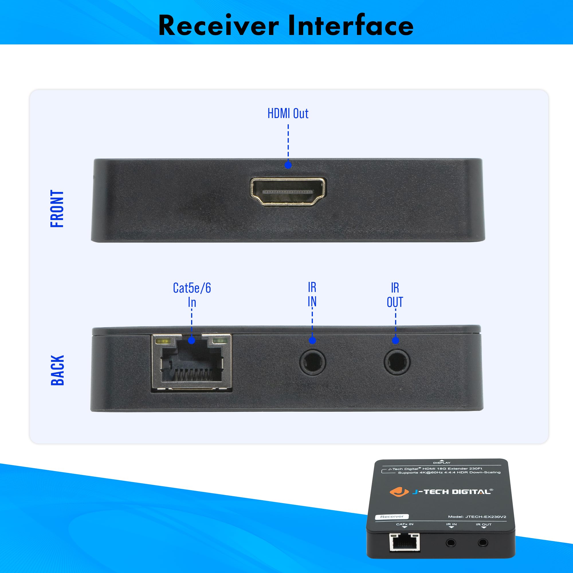 J-Tech Digital HDMI Extender 4K 60Hz Over Cat5e/6 Ethernet Cable - 230ft Range with 4K Downscaling, HDMI Loop Out, PoC, HDR & Bi-Directional IR [JTECH-EX230V2] - Perfect for Home Theater, Conference Rooms & Long-Distance AV Setups
