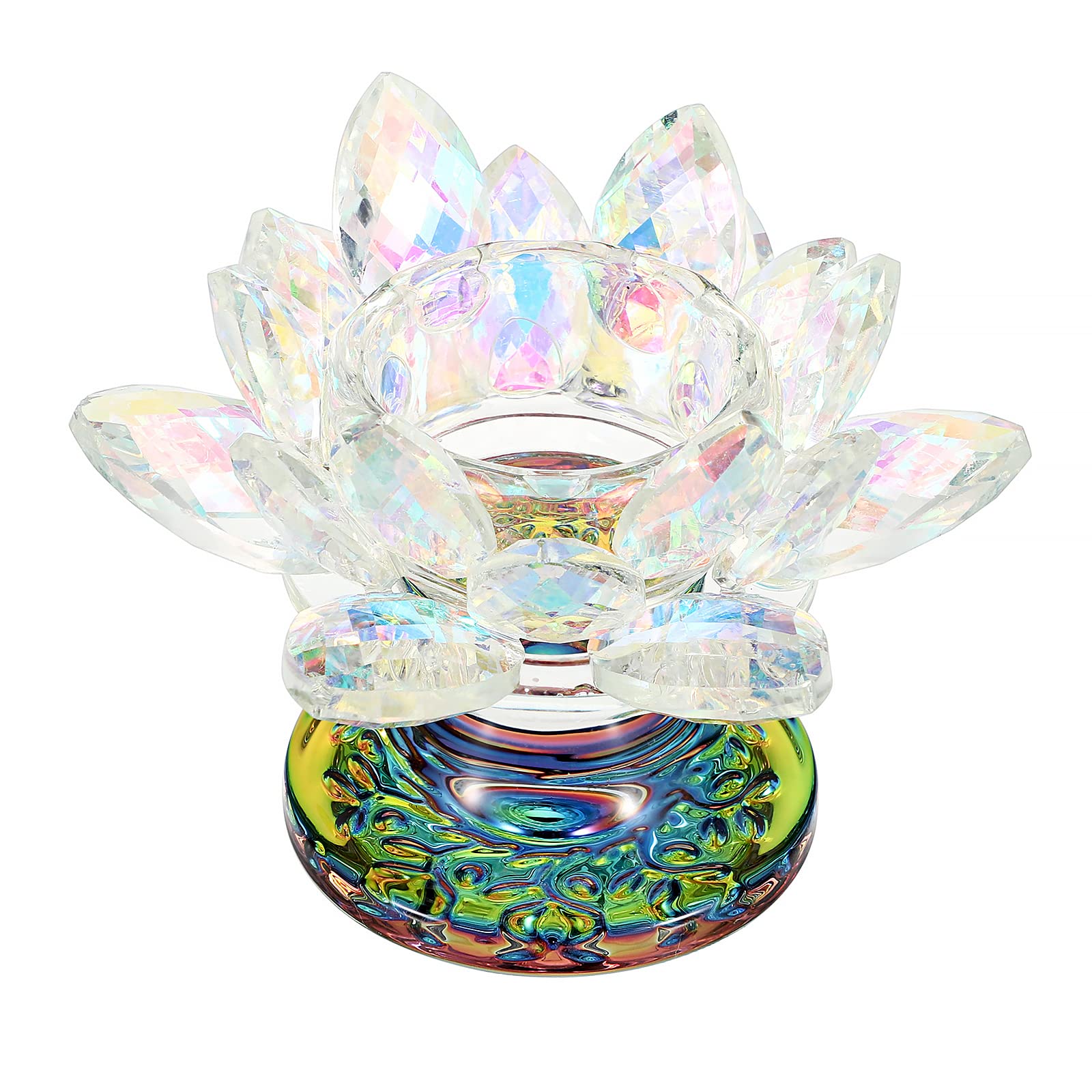 Crystal Lotus Flower Tea Light Holder with Glass Base - Elegant Votive Candle Stand for Home Decor, Wedding, Party | AB Color Gift Box Included | Perfect for Window Sill, Meditation & Romantic Ambiance