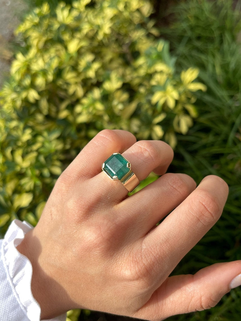 10.04ct Emerald Cut Solitaire Ring for Men - 14K Gold Wide Band Unisex Pinky Ring - Perfect for Weddings, Engagements & Special Occasions